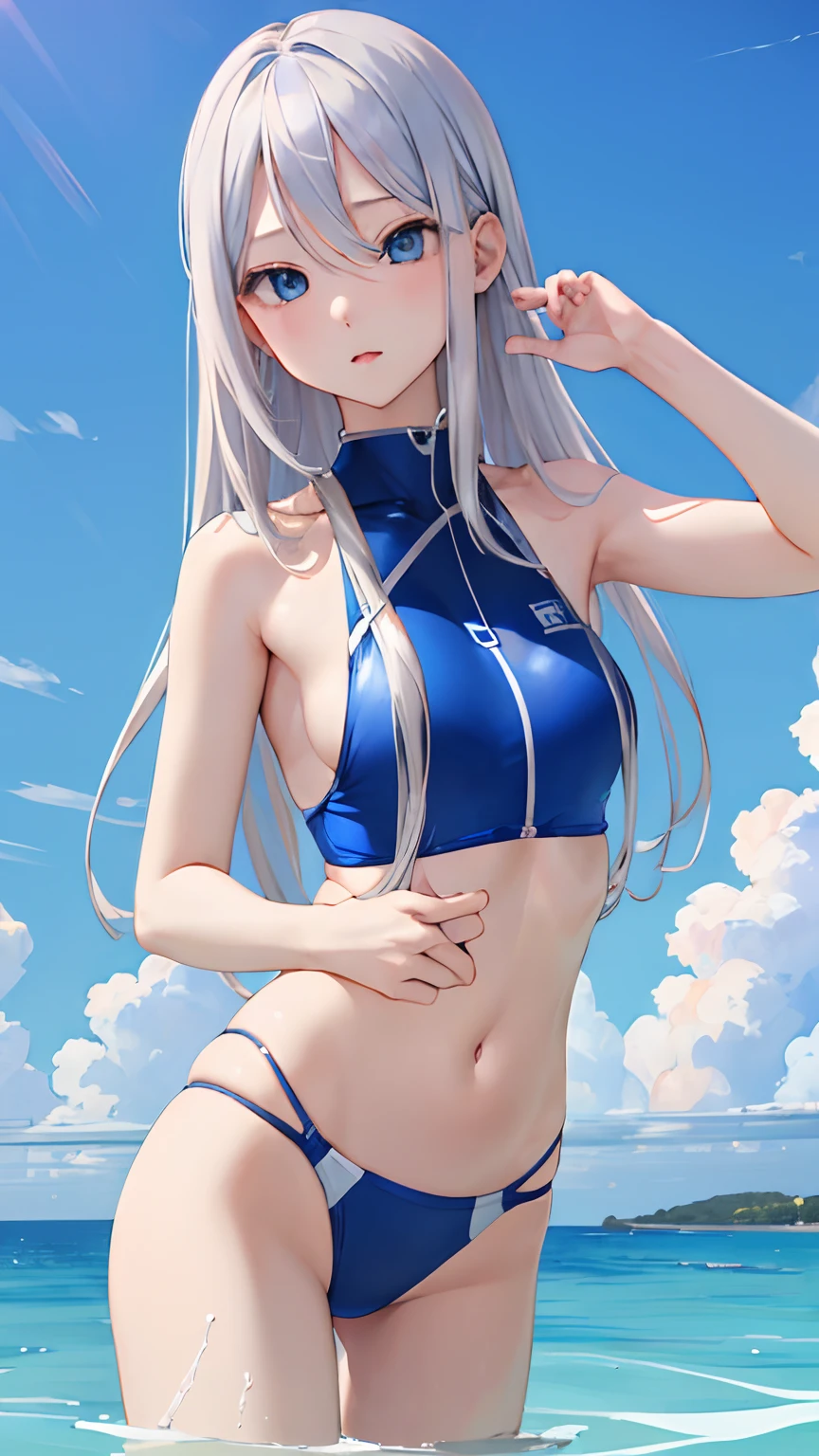 swim wears、hposing Gravure Idol、Platinum Hair、(masterpiece、top-quality:1.2)、Look at viewers、校服、(hair wavy:0.8)、length hair、blue eyess