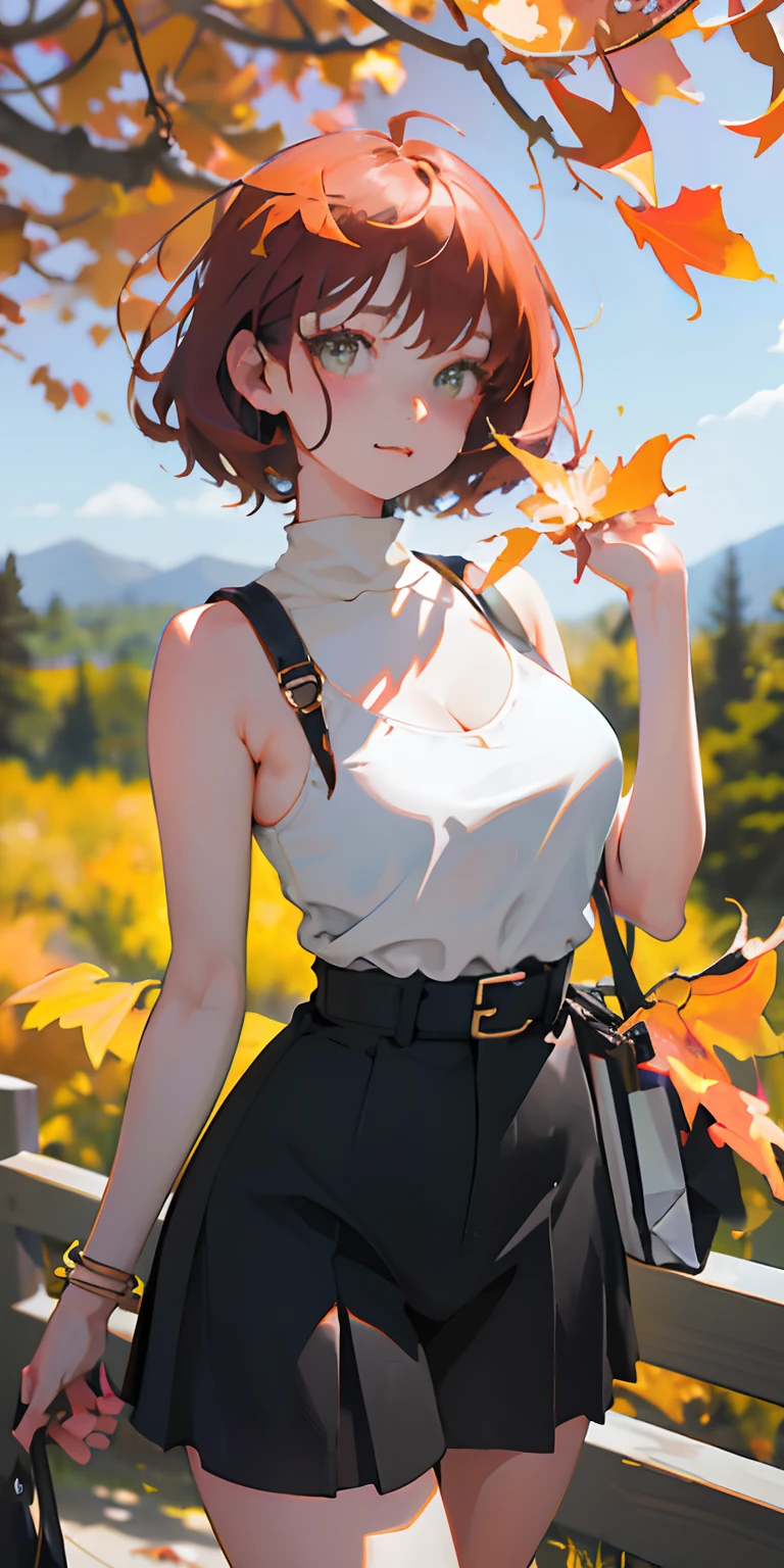realisticlying、girl with、Outdoor Fashion、Autumn leaves Autumn leaves、Beautiful ginkgo tree、Slightly larger breasts with an emphasis on cleavage、Sexy Posing、Nature views