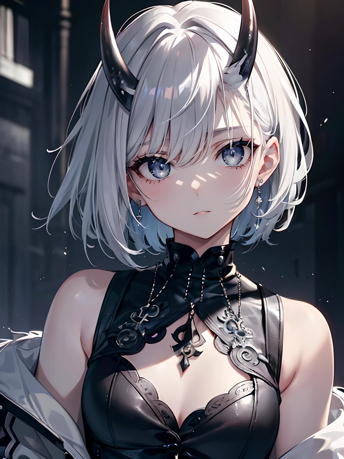 (masterpiece,best quality,ultra-detailed),1girl,white and silver and grey hair,short hair,(messy hairstyle),oni horns,gothic punk fashion, beautiful and detailed face, detailed eyes,(grey theme),looking at viewer,top,jacket,small chest,dust particles in the background