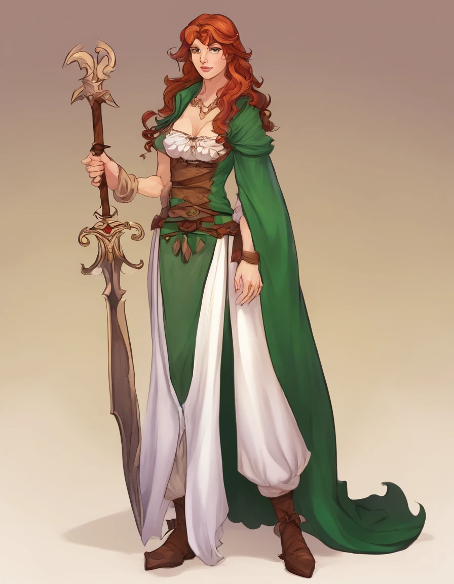 elven woman, a Bard with a pan flute hanging like a necklace around his neck, Average tall woman with long hair, loiro escuro e com seios grandes, with a tight leather pant, uma blusa branca e verde de pano e um arco pendurado nas costas, An unpaved side road((arte conceitual do personagem)), desenho de caracteres de corpo inteiro, High definition, melhor qualidade, ultra-detalhado, extremamente delicado, anatomicamente correto, symmetrical face, olhos e rosto extremamente detalhados, olhos de alta qualidade, criatividade, Foto RAW, UHD, 8k, professional lighting, (master part:1.5)