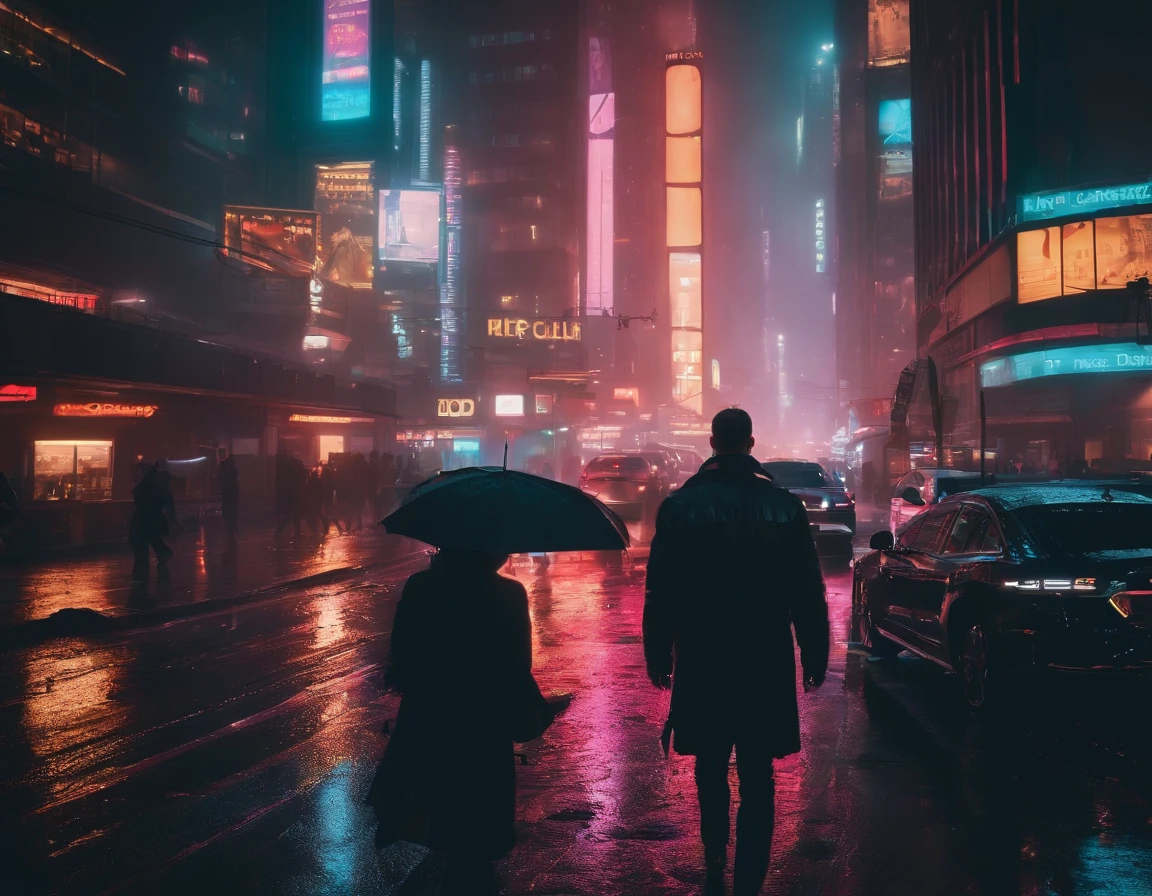 Futuristic Cityscape, Cyberpunk aesthetic, inspired by Blade Runner, High quality, neon-lit skyscrapers reaching into the night sky, Holographic billboards and bustling streets filled with futuristic vehicles, Rain-soaked pavement reflecting the vibrant colors of the city, Dynamic camera angles that emphasize the verticality and scale of the metropolis