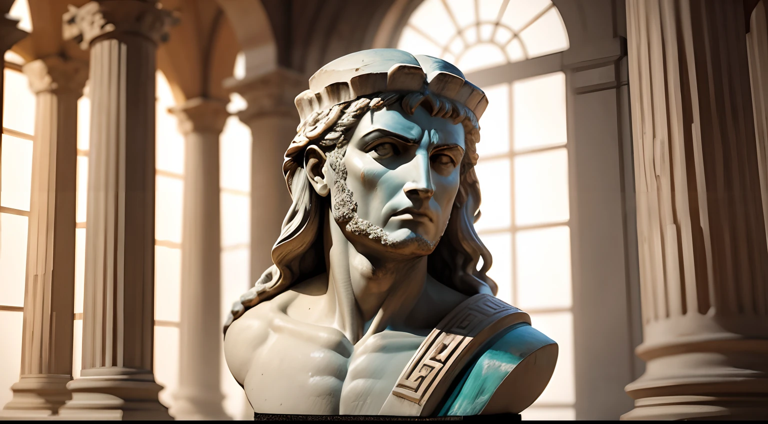 Ancient Greek statue with angry expression, Ambiente escuro, ao ceu aberto, 35 mm, corpo inteiro, lateralmente, extremamente detalhado, Colors with low saturation with dark tone, Filmado em Sony A7S III com Sony FE 35mm f/1.8, 12.1 MP, --AR 3:2 --estilo cru