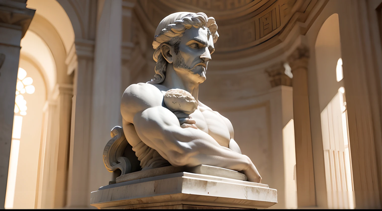 Ancient Greek statue with angry expression, outside, com rosto extremamente detalhado full body view, Colors with low saturation with dark tone, Filmado em Sony A7S III com Sony FE 35mm f/1.8, 12.1 MP, --AR 3:2 --estilo cru