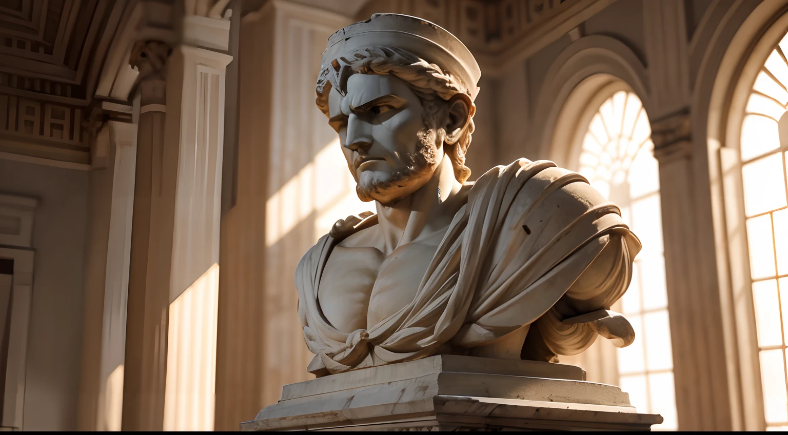 Ancient Greek statue with angry expression, Ambiente escuro, ao ceu aberto, 35 mm, corpo inteiro, lateralmente, extremamente detalhado, Colors with low saturation with dark tone, Filmado em Sony A7S III com Sony FE 35mm f/1.8, 12.1 MP, --AR 3:2 --estilo cru
