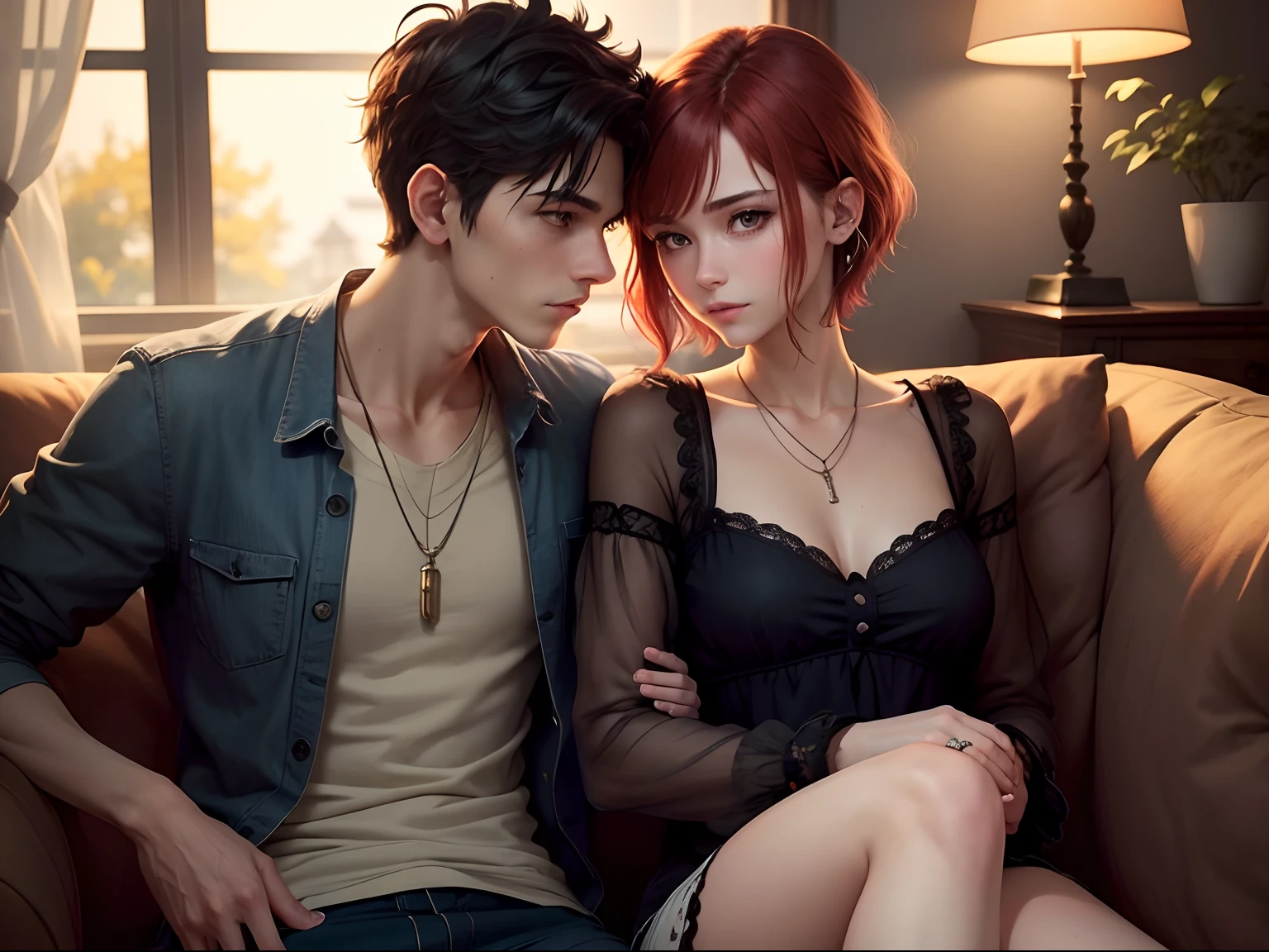 masterpiece, top-quality, 2Others, Male and female couples, 1 man and 1,, Adults, Height difference, different fashion, different color, finely eye and detailed face, intricate detailes, Casual clothing, Oversized shirt, Modern urban streets, Hands on back, A smile, Happiness, tenderness, high-level image quality、 beautiful male、tall、hug from behind、Trying to kiss、window、nightfall、nighttime scene、𝓡𝓸𝓶𝓪𝓷𝓽𝓲𝓬、By Fedman with a necklace, androgynous vampire, :9 detailed face: 8, extra detailed face, detailed punk hair, ((asa)) baggy eyes, Seductive. Highly detailed, semi realistic anime, hyperrealistic teen, delicate androgynous prince, imvu, short hair above the ears, Man with short hair, Woman with long wavy hair, A man with a glaring expression and a woman with a gentle expression, With a short-haired man with brown hair, Woman with pretty long red hair both are fully nude