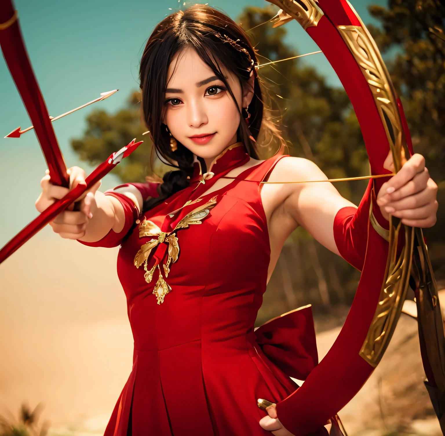 Woman in red and gold costume holding bow and arrow