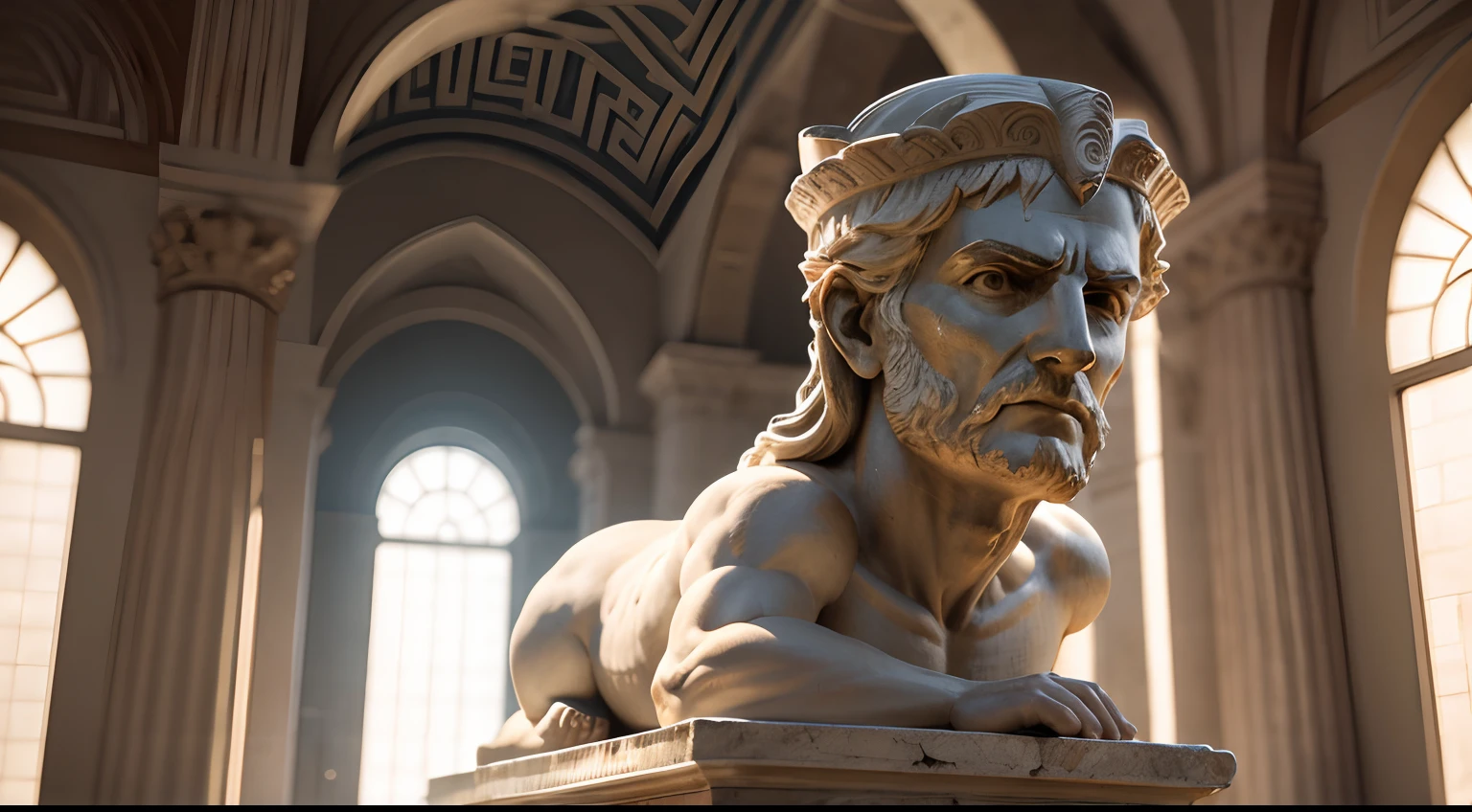 Ancient Greek statue with angry expression, Ambiente escuro, ao ceu aberto, 35 mm, corpo inteiro, lateralmente, extremamente detalhado, Colors with low saturation with dark tone, Filmado em Sony A7S III com Sony FE 35mm f/1.8, 12.1 MP, --AR 3:2 --estilo cru