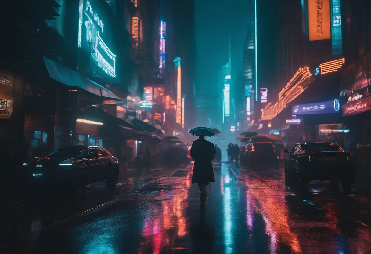 Futuristic Cityscape, Cyberpunk aesthetic, inspired by Blade Runner, High quality, neon-lit skyscrapers reaching into the night sky, Holographic billboards and bustling streets filled with futuristic vehicles, Rain-soaked pavement reflecting the vibrant colors of the city, Dynamic camera angles that emphasize the verticality and scale of the metropolis