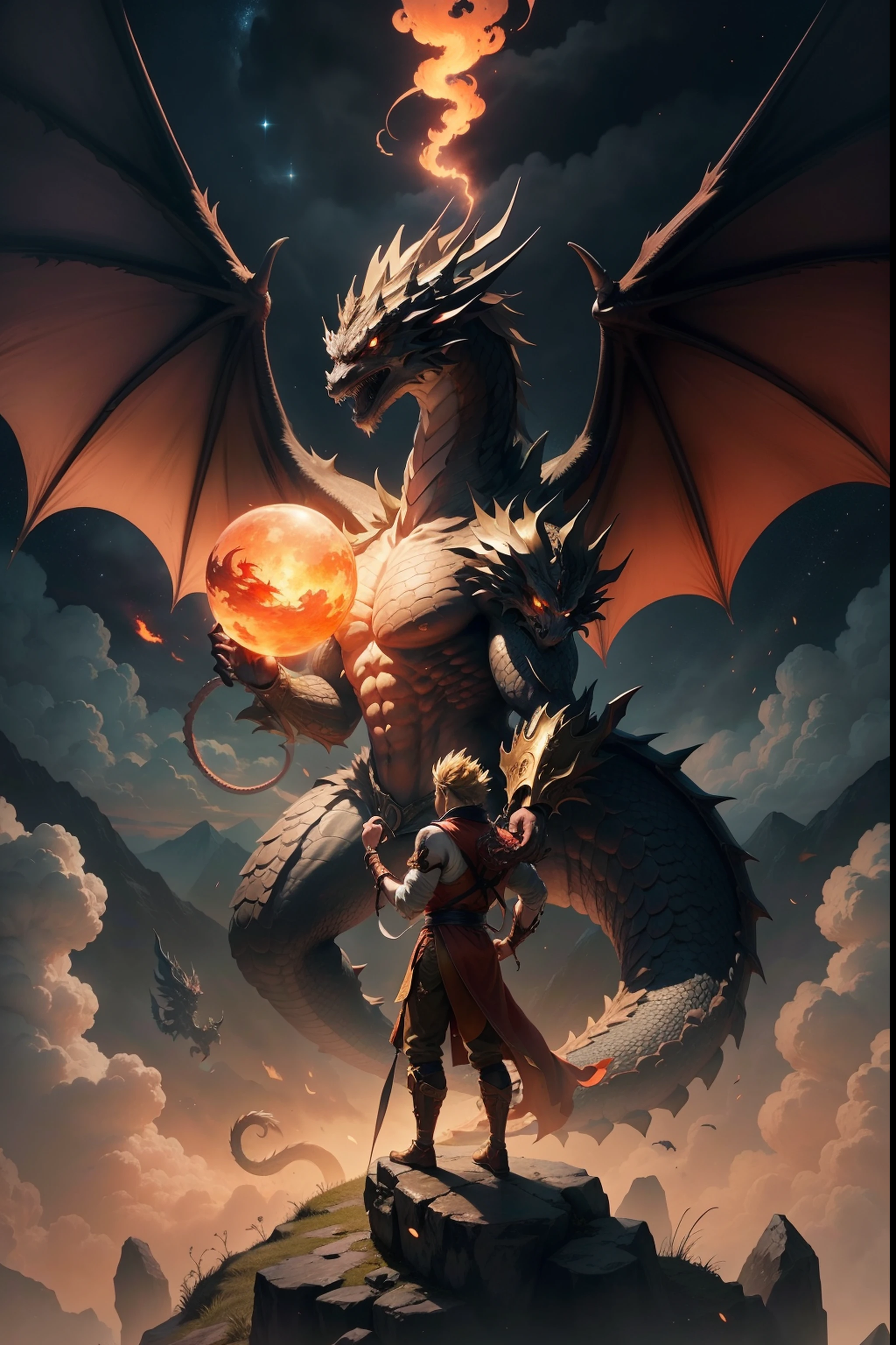 there is a man standing in front of a dragon in the sky, god of dragons, by Goku with golden monkey tail, legendary dragon, epic dragon, chinese dragon concept art, man with the soul of a dragon, ''dragon breathing fire, majestic japanese dragon, dragon in the sky, fire dragon, dragon art, dragon breathing fire, dragon blowing fire above, dragon in the background