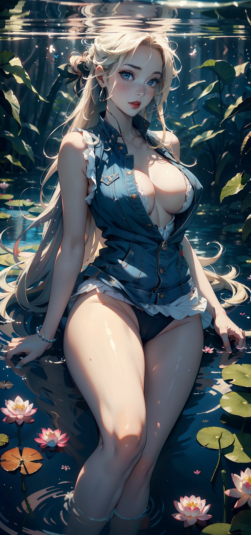 (Background with:ponds,Cherry blossom forest,lotus flower)Lie underwater, She has long blonde hair,seen from the front,mostly cloudy sky,(((tmasterpiece),(Very detailed CG unity 8K wallpaper),best qualtiy,cinmatic lighting,detailed back ground,beatiful detailed eyes,Bright pupils,Blue eyes,Snow-whiteskin,Redlip(Very fine and beautiful),(Beautiful and detailed eye description),ultra - detailed,tmasterpiece,))facing at camera,A high resolution,ultra - detailed),revealing breasts,Bare genitalia, Bulge,legs are open,Raised sexy,Camel toes,Desire for dissatisfaction,frontage,(Wearing :耳Nipple Ring, jewely, denim vest, Open vest,Bare )