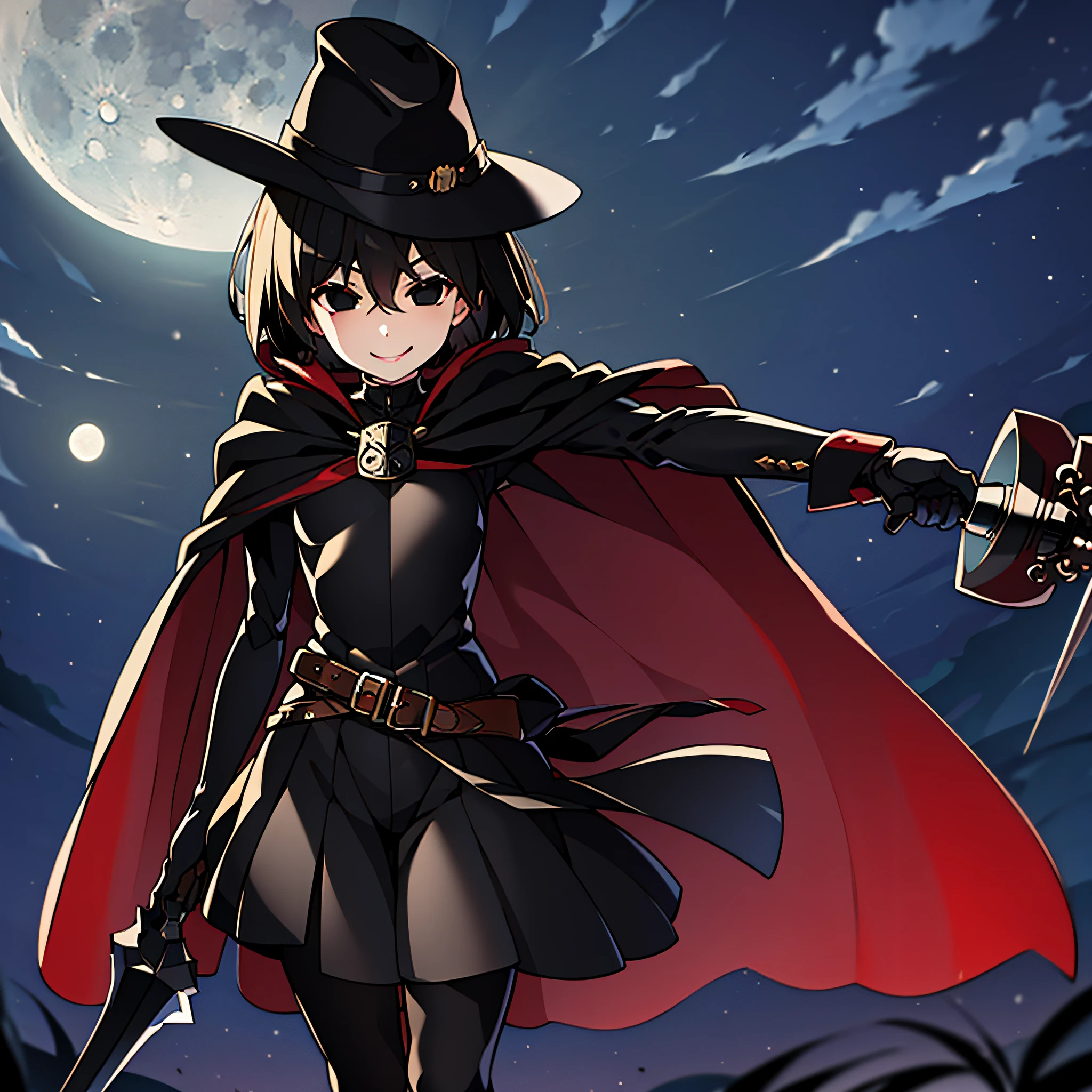 (masterpiece,best quality, detailed),Oshino Ougi, leather armor, rapier, victorian hat, smile,moon,black pantyhose,cape,weapon