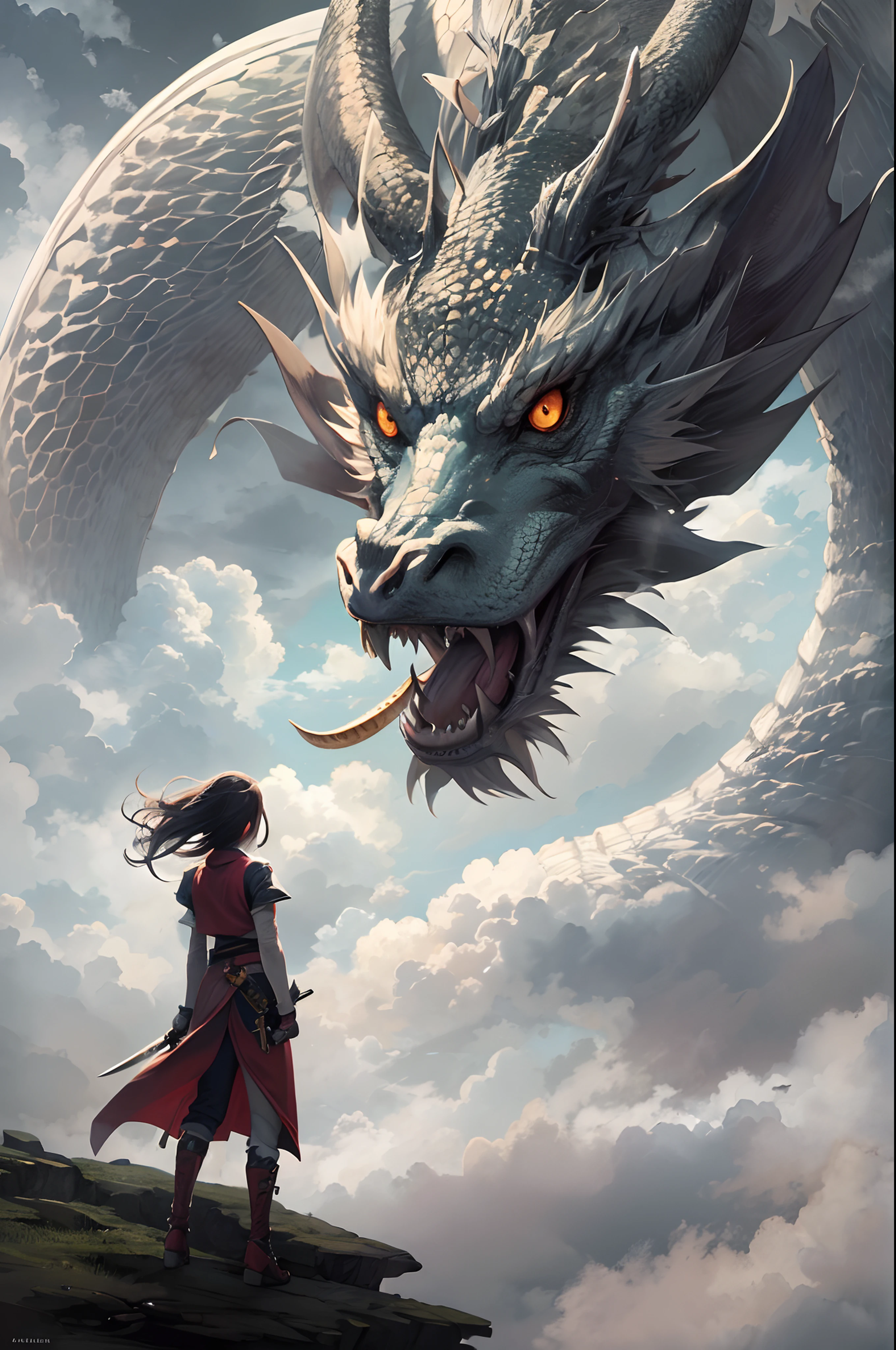 Top light, far view (shot from bottom up), girl, armed with weapon, outdoor, standing, cloud from behind, sky, cloudy sky, animal, oriental dragon, monster, 1 other, fog,