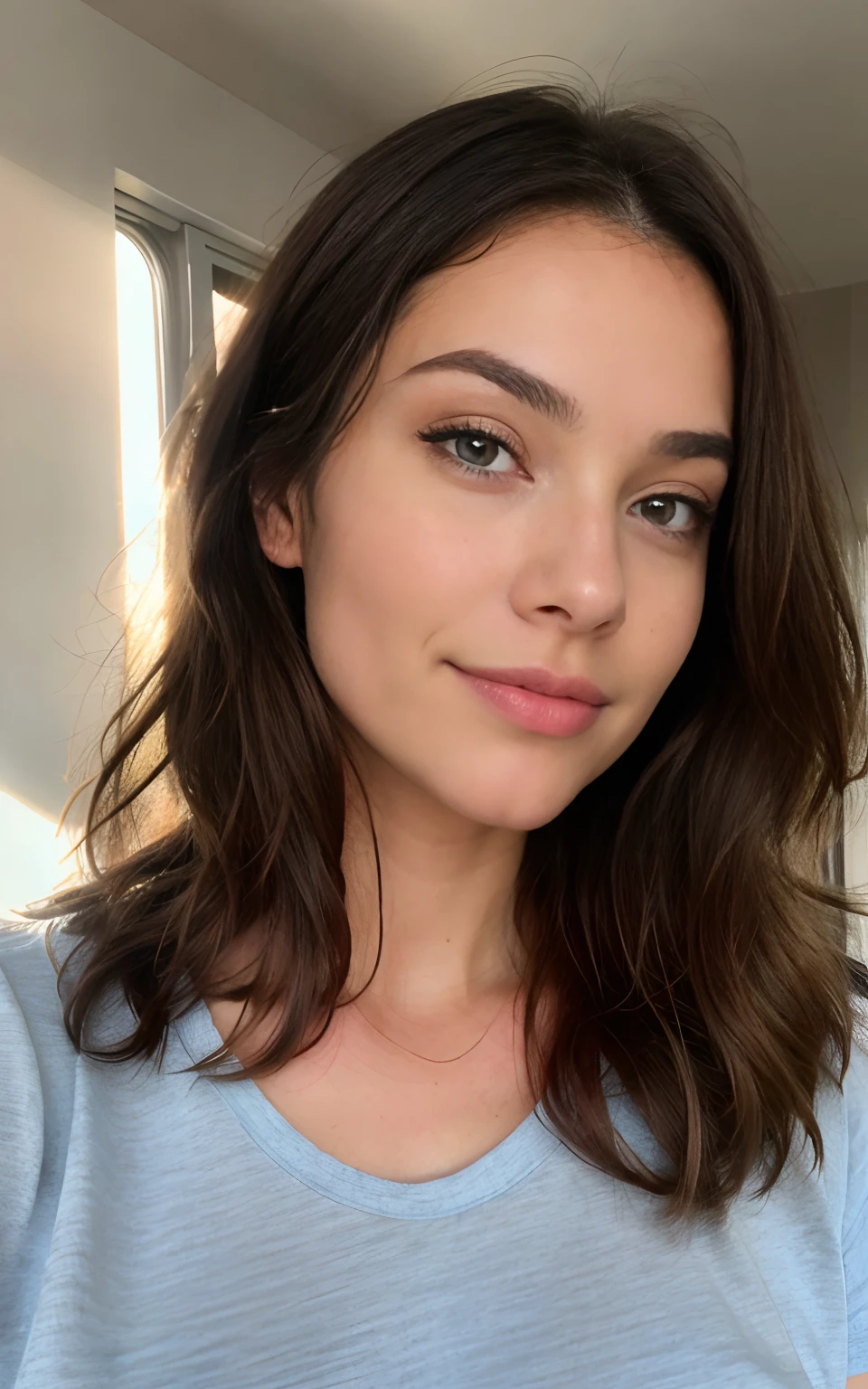 Belle brune portant un shirt moulant et transparent (dans une chambre), Very detailed, 21 ans, visage innocent, natural wavy hair, yeux bleus, High resolution, Masterpiece, Best quality, Intricate details, highly detailed, mise au point nette, detailed skin, realistic skin texture, texture, detailled eyes, professionnel, 4K, sourire charmant, filmed on Canon, 85 mm, faible profondeur de champ, Couleur Kodak Vision, perfect fit body, Extremely detailed, photographier_\(ultra\), photoreallistic, Realstic, Post-traitement, maximum details, roughness, real life, ultra realist, photorealism, photographie, 8K UHD, photographie