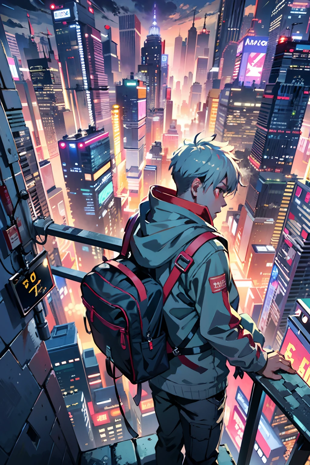 1boy,(15 years old boy:1.5)、Anime-style protagonist、Cyberpunk Boy、Colorful clothing、silber hair、Spiky hairstyle、machine gun、pistol、Whole body bloody、Shot from the knee up、The beginning of the adventure、Lots of clouds,heavy fog、Big Moon、Lightning、Chaotic city of the future、dystopian、A group of very tall skyscrapers stands in the center、Very complex cityscape,Crowded Chinese skyscrapers、Tall radio tower、Trees、street signs、streetlights、taxis、buses、Train、Warm lighting,Dark road、puddles、Chaotic、Beautiful and fantastic scenery、Cinematic scenery、hightquality、masutepiece,in 8K、hight resolution、