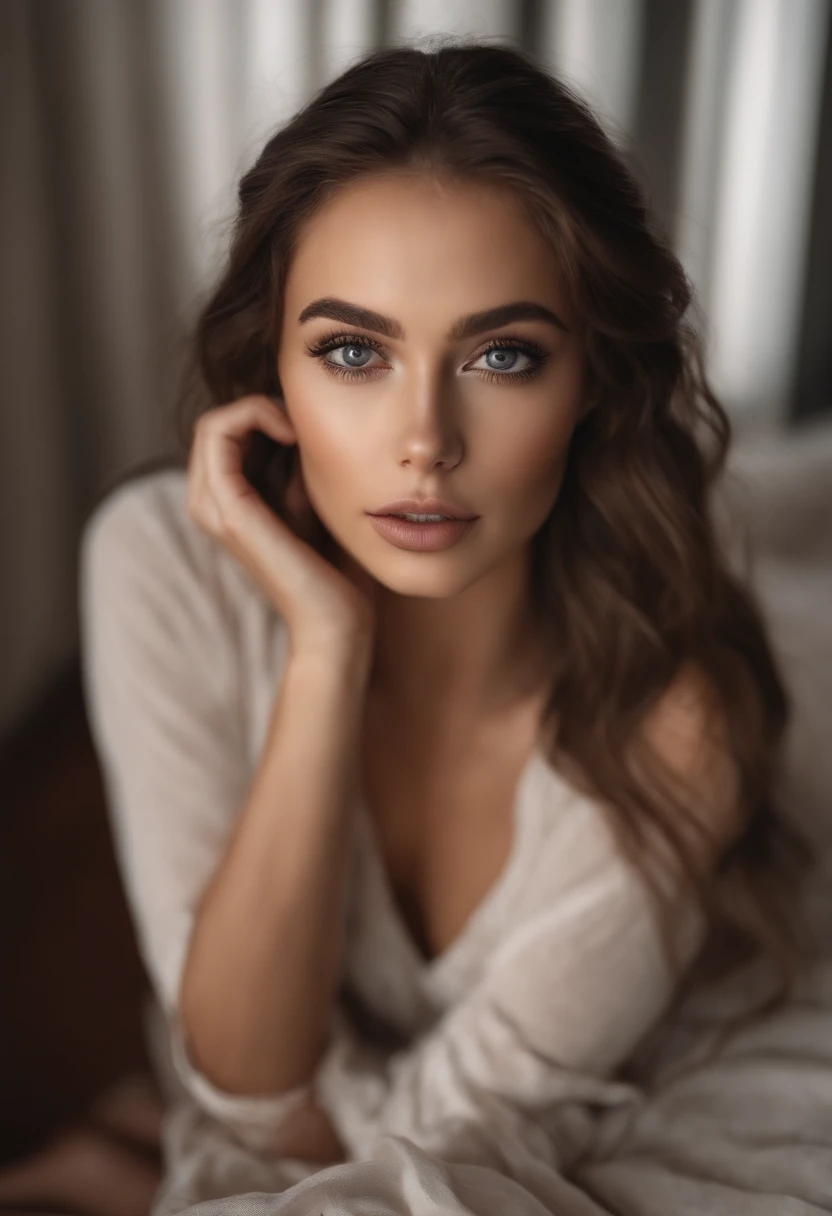 Arafed woman completely , fille sexy aux yeux bleus, ultra realist, Meticulously detailed, Portrait Sophie Mudd, cheveux blonds et grands yeux, selfie of a young woman, Yeux de chambre, Violet Myers, sans maquillage, maquillage naturel, looking straight at camera, Visage avec Artgram, Maquillage subtil, Great photo of the whole body kneeling on the bed, dans la chambre, Medium to large bust; ; ;nu