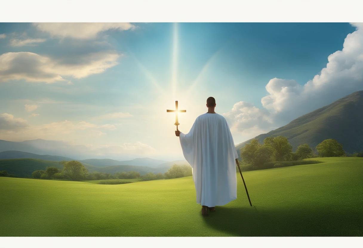 tema: Deus conosco
Estilo: Realistic, com cores vivas e contrastes
Elementos: Uma pessoa caminhando por um campo verde, holding a bible in his right hand and a bright light in his left hand. A luz ilumina o caminho da pessoa e forma a palavra "Deus" nas nuvens. The sky is blue and the clouds are white. A imagem transmite paz, Confidence and joy.