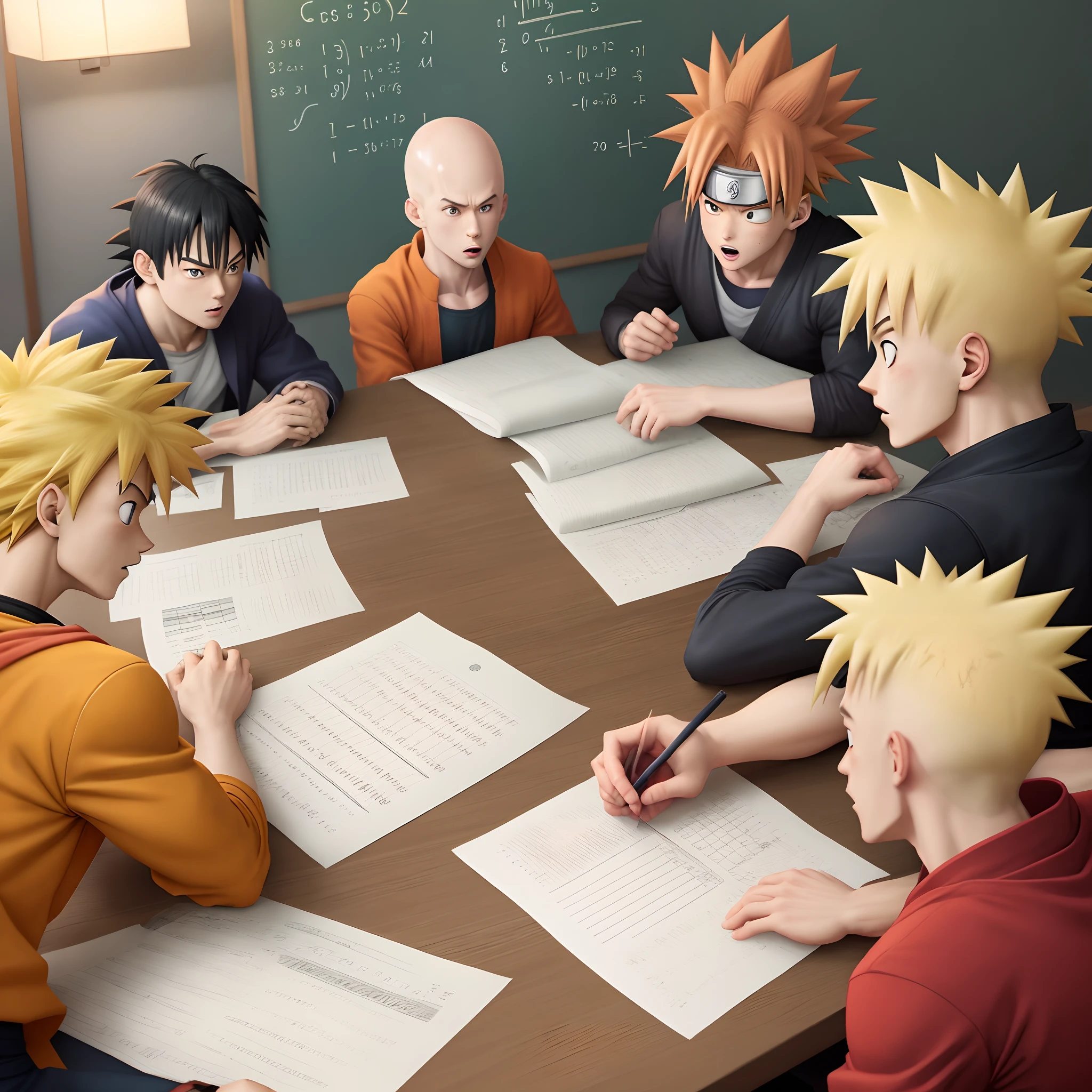 Estudando juntos, goku, Naruto and Saitama
Everybody's doing math calculations