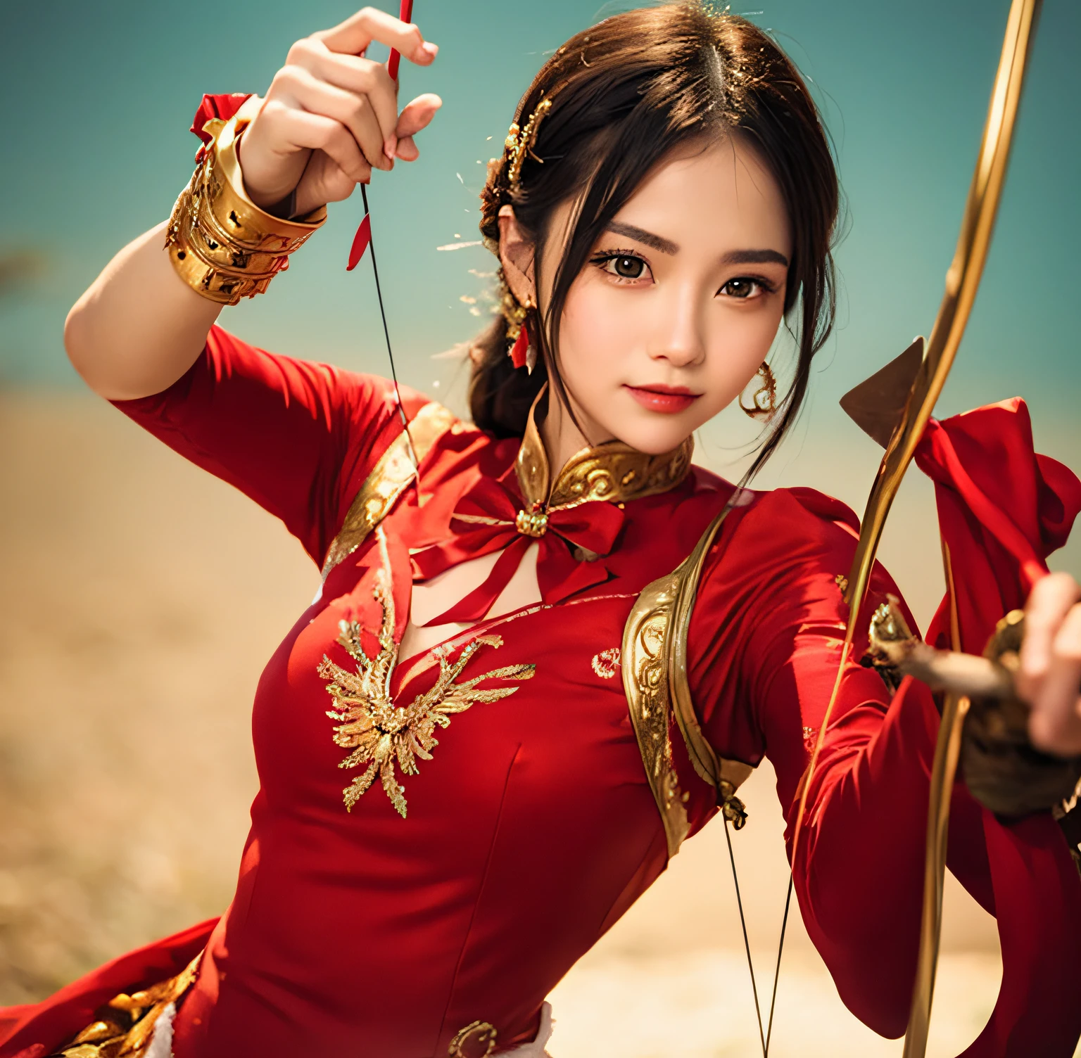 Woman in red and gold costume holding bow and arrow
