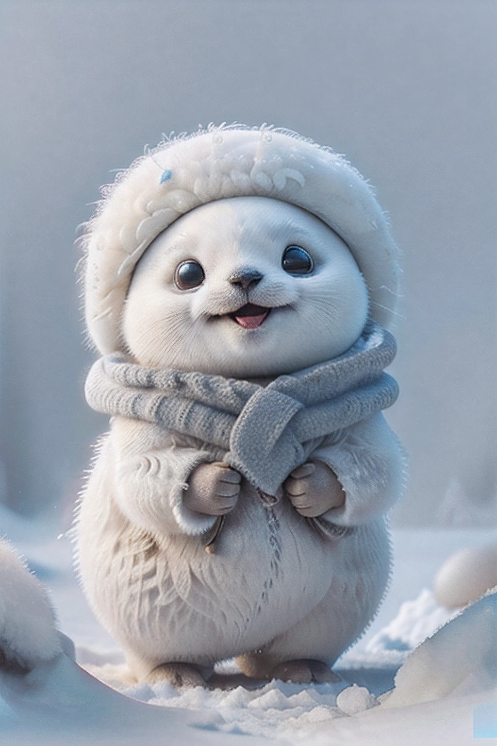 cute harp seal with fluffy fur wearing a snapback hat, lying flat down in snow, head and body covered in a pile of snow, snowing in the arctic, vivid colors, 3d render, bright lighting, vivid colors, grinning from ear to ear,