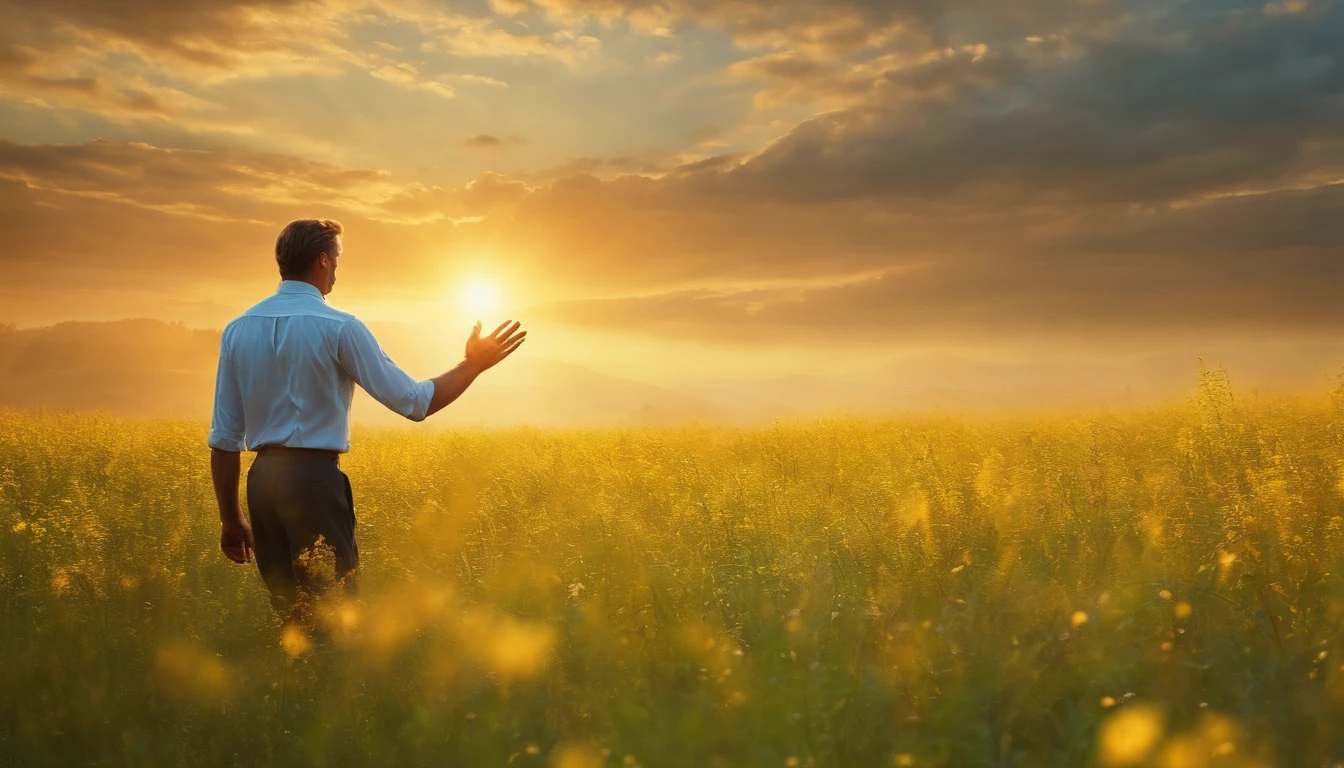 A man is in a sunny meadow, The outstretched hand is like a small hand, Ethereal creatures made of dreamy materials fly around them, Aceite ansiosamente a oferta de comida.
