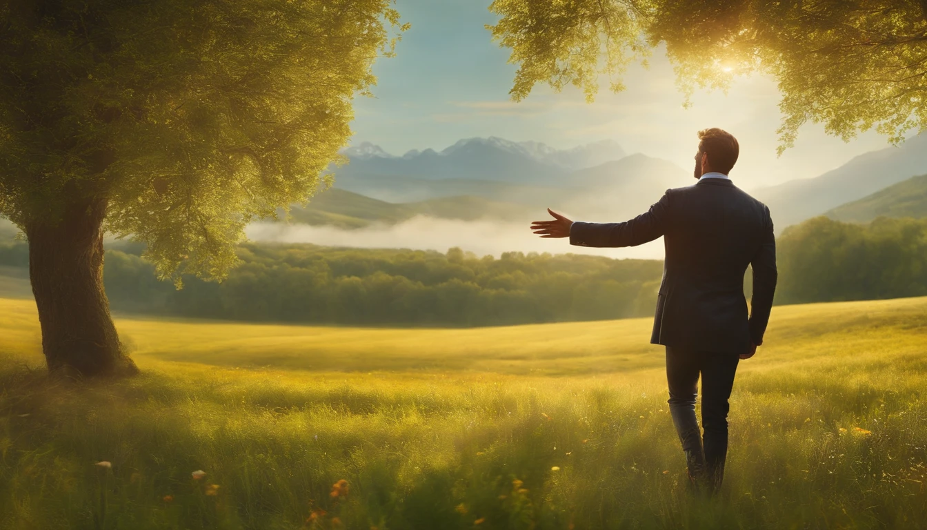 A man is in a sunny meadow, The outstretched hand is like a small hand, Ethereal creatures made of dreamy materials fly around them, Aceite ansiosamente a oferta de comida.