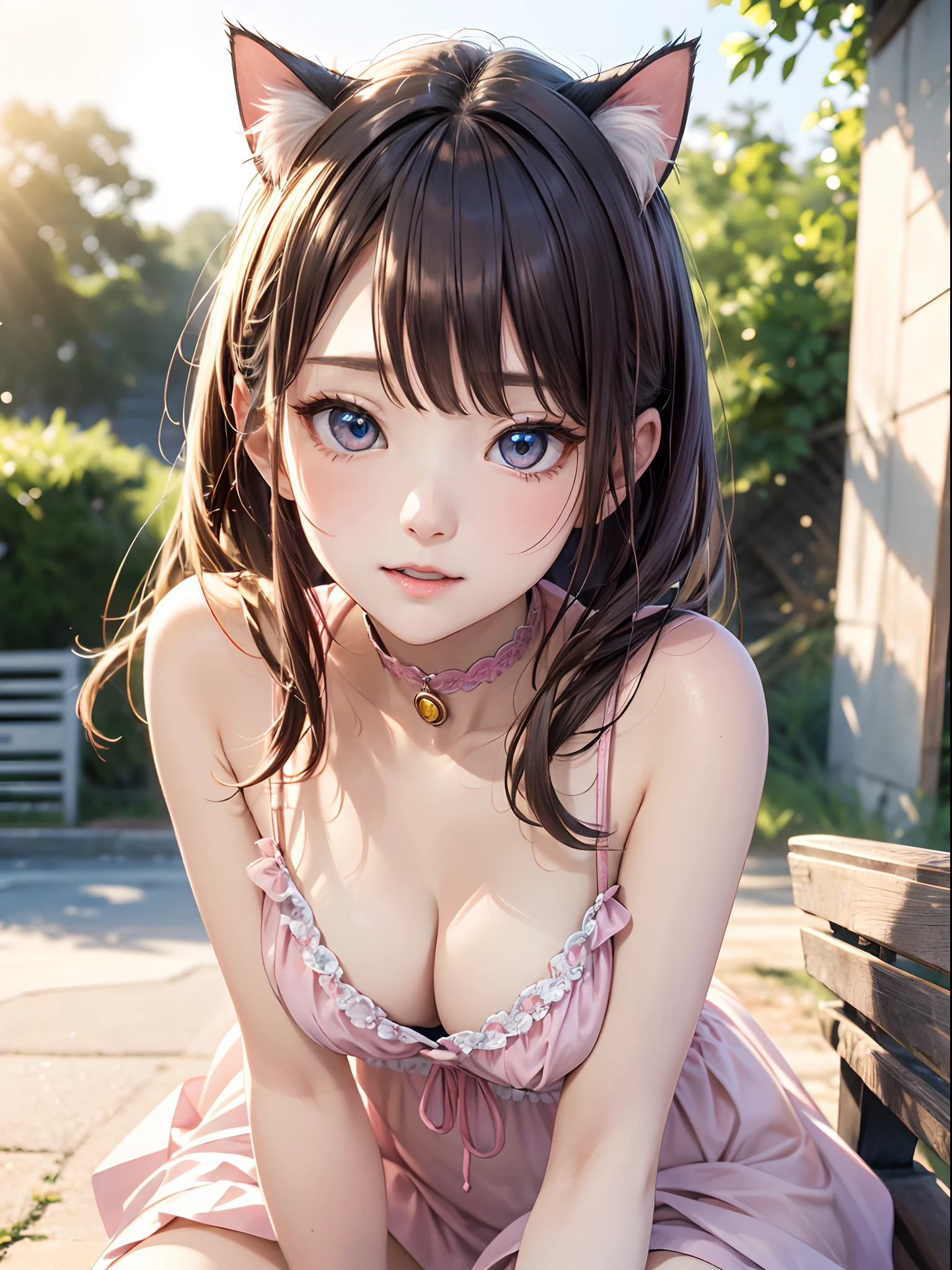 absurderes, ultra-detailliert,bright colour,(8K:1.5),masuter piece,extremely beautiful detailed face and eyes,(Cat personification:1.3)、Valley、Pink skin、Summer morning、Guibli,Sit on a bench and pose,Summer country roads