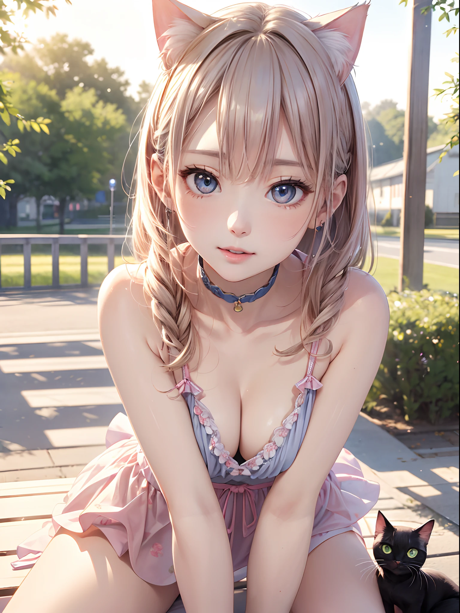 absurderes, ultra-detailliert,bright colour,(8K:1.5),masuter piece,extremely beautiful detailed face and eyes,(Cat personification:1.3)、Valley、Pink skin、Summer morning、Guibli,Sit on a bench and pose,Summer country roads