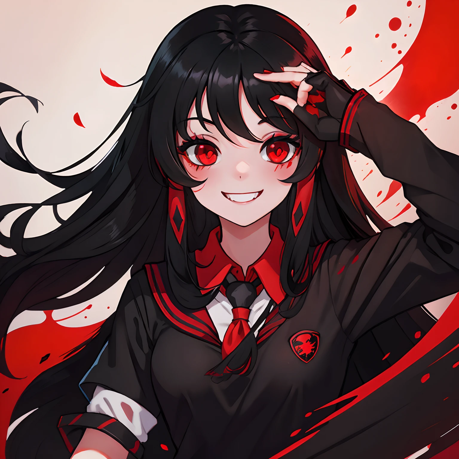 (Long black hair), (red eyes), (black and red schoolgirl uniform) ,  (blood), (smiling), girl