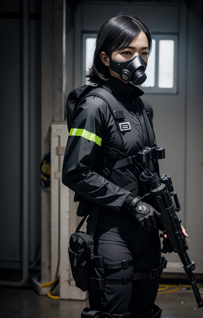 Highest image quality, outstanding details, ultra-high resolution, (realism: 1.4), ((close up:0.75, from front)), Photorealistic, highly condensed 1 lady, full body, aiming with a rifle, Combat pose, (Detailed face), looking at the camera, (a bit chubby:0.45), (cloths color black:0.4 white:0.5 other-color:0.1), (wearing nylon rash-guard as police uniform, gloves, Fingers are occluded, black and gray mecha, wearing futuristic-gasmask, military harness, holding a machinegun, carrying hich-tech-backpack), background greywall,