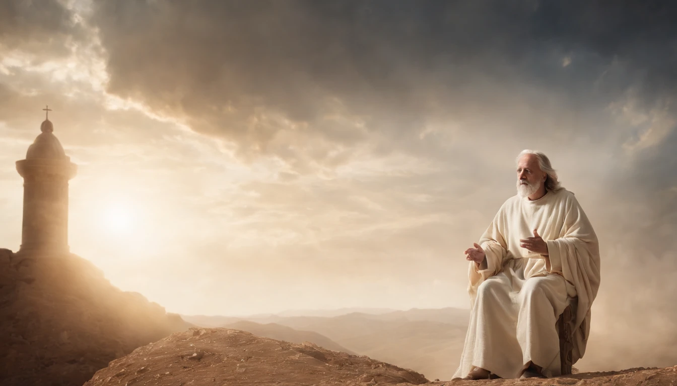 crie uma imagem realista na horizontal, where an older man is raptured to heaven and finds the throne of God. the image needs to reflect the passage in the Bible where Paul describes his rapture.