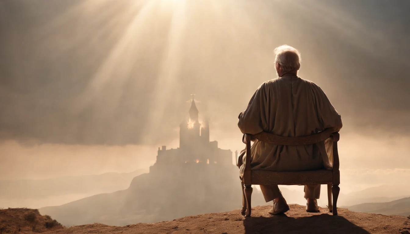 crie uma imagem realista na horizontal,  where an older man is raptured to heaven and finds the throne of God. the image needs to reflect the passage in the Bible where Paul describes his rapture.