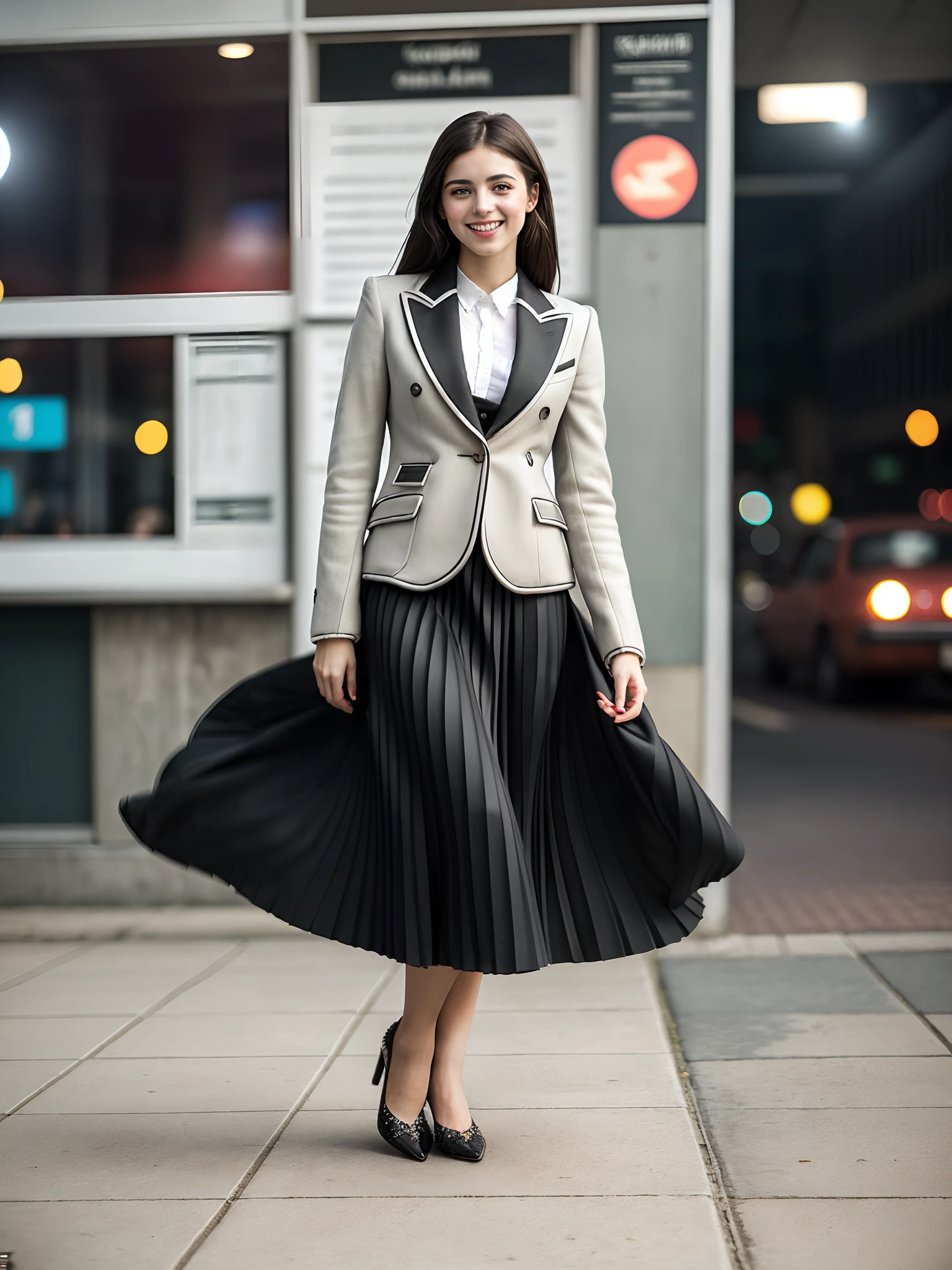 1984, very (seductive:1,9) (happy:1,8) smiling young girl wearing short blazer and very very detailed (long (fully pleated) full circle skirt) and (simple) low heeled office shoes, very very intricate hyper-detailed symmetric (attractive graceful young feminine face) with (sad, tired eyes and a shy smile), large breasts, full of empathy and compassion and love, (pronounced (feminine) features), (highly detailed ultra accurate realistic) hands and fingers, playing with skirt, dancing, (windy conditions and wind blowing), epic composition, highly detailed attributes, highly detailed atmosphere, (35mm f1.4 Kodak portra 400 photograph), extremely high quality RAW photograph,