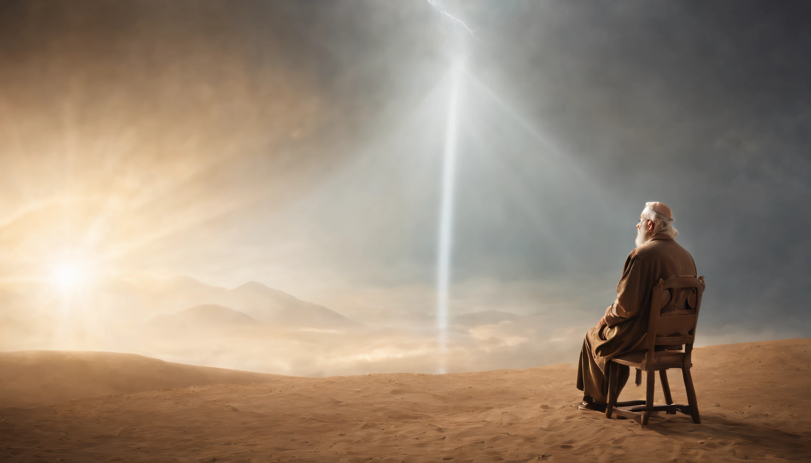 crie uma imagem realista na horizontal, where an older man is raptured to heaven and finds the throne of God. the image needs to reflect the passage in the Bible where Paul describes his rapture.