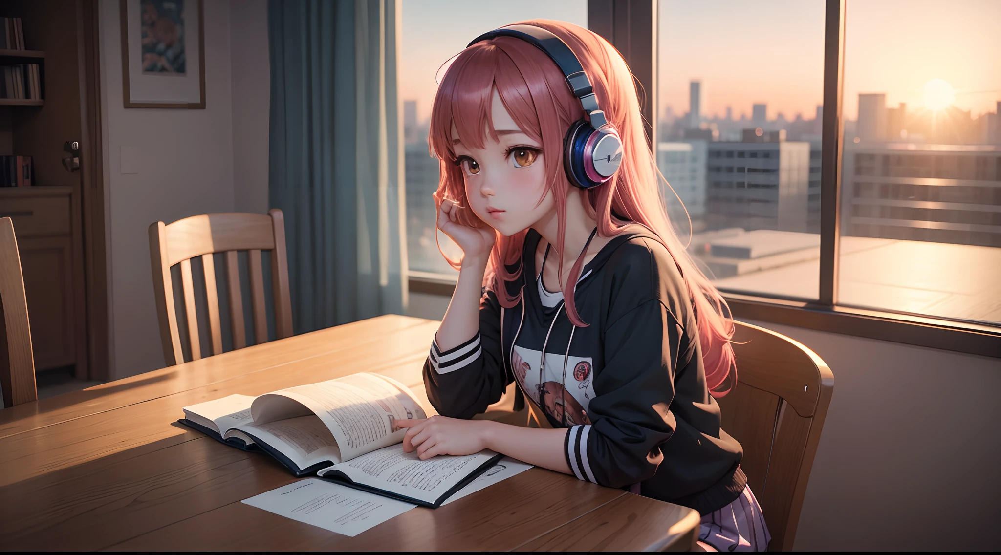 Anime girl sitting at a table with a book and headphones, notebook, enjoying lofi music, Anime Art Wallpaper 4K, Anime Art Wallpaper 4K, anime style 4K, Anime Art Wallpaper 8K, lofi girl, Anime Wallpaper 4k, Anime Wallpaper 4k, 4k anime wallpapers, anime girl desktop background, 4k manga wallpaper, anime vibes, watching the sun set. anime