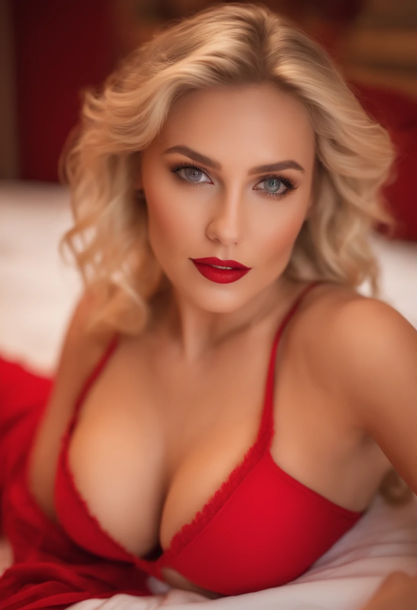 ultra realistic, blonde hair, 36C boobs, full body, very thin, laying down on bed, looking directly at the camera, subtle makeup, very sexy, wearing tight red panties, tight red bra, sucking popsicle