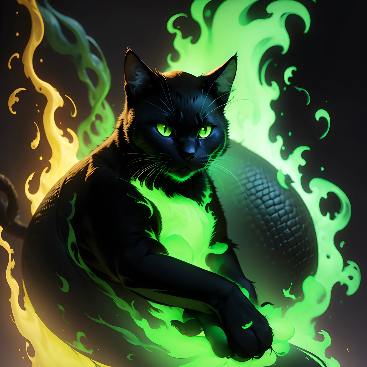 (Black cat), (green fire)
