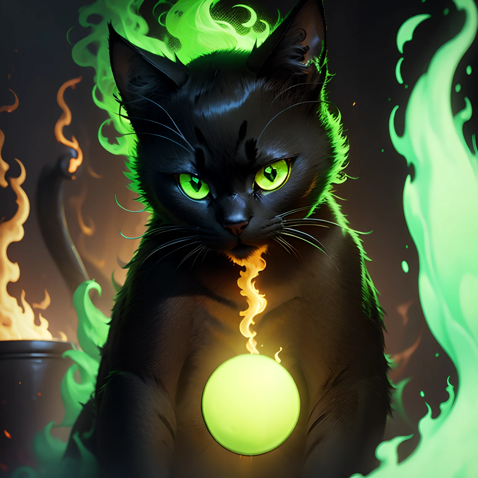 (Black cat), (green fire)