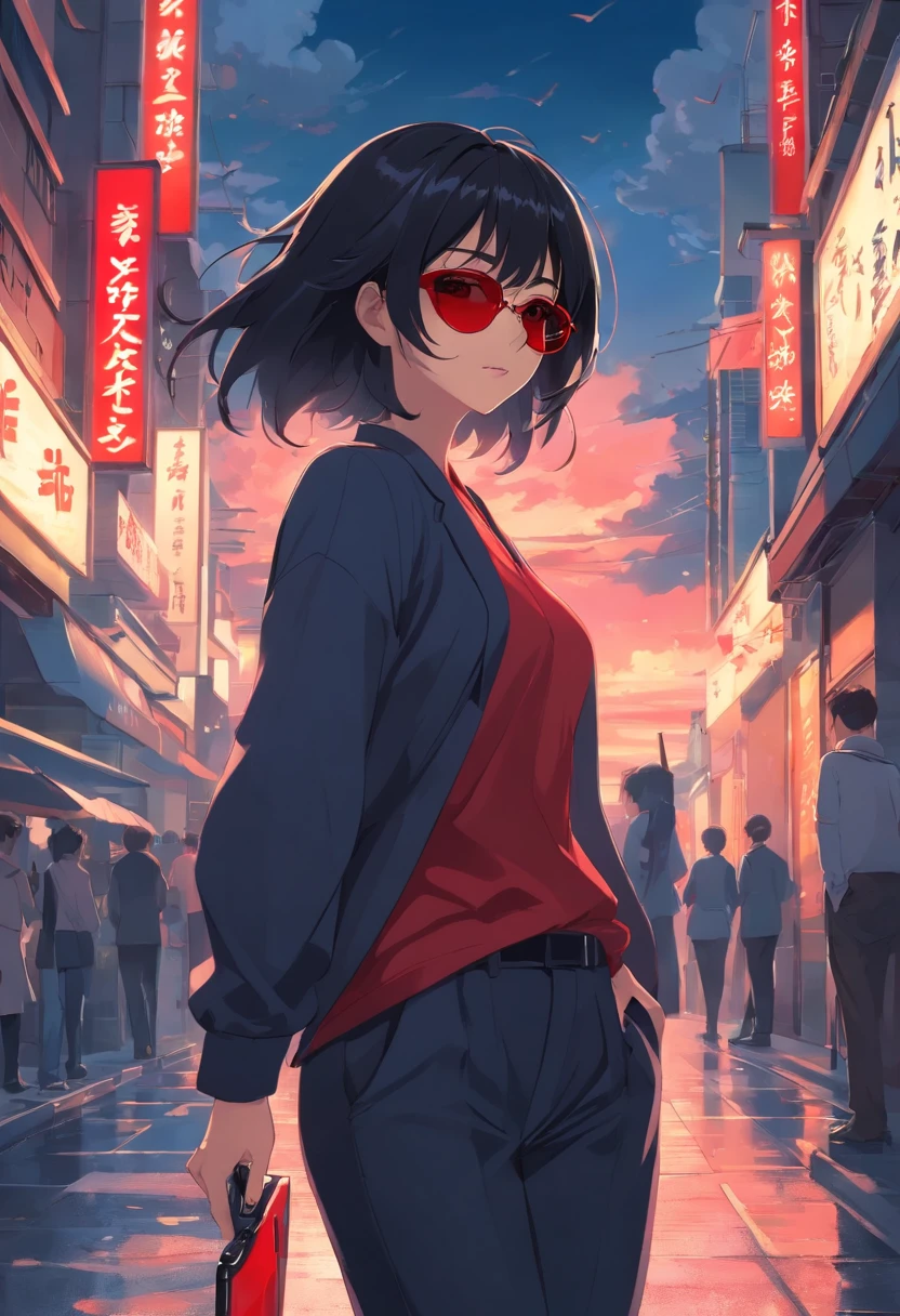 masterpiece, best quality, movie still, 1girl, cloud girl, long black hair, red sunglasses, bussiness outfit, long black pants, looking behind with a sassy grin, reddish light, night, in the city, carrying a katana on her shoulder