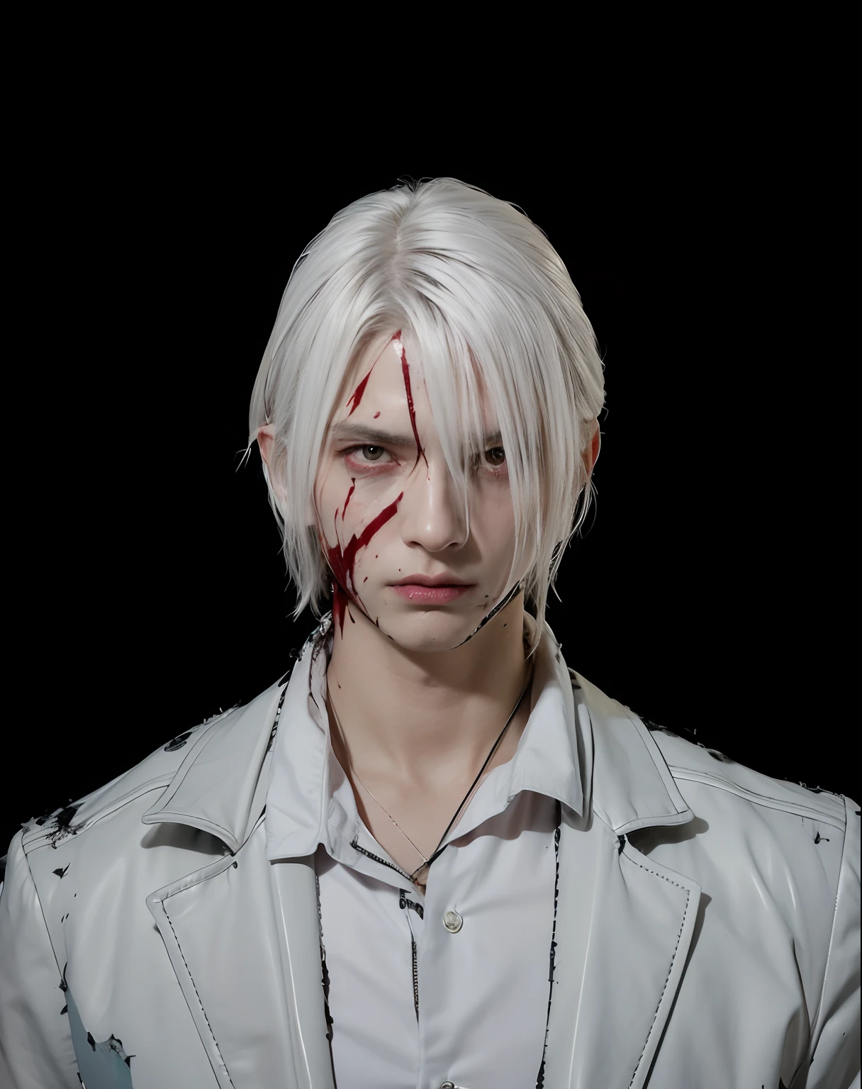 anime man with silver hair and a white shirt and a white leather coat, a silver haired mad, he's very menacing and evil, realistic style, yellow eyes, blood splatter on his face, there is a scar on the left side of the mouth, menacing, depressed, realistic hair