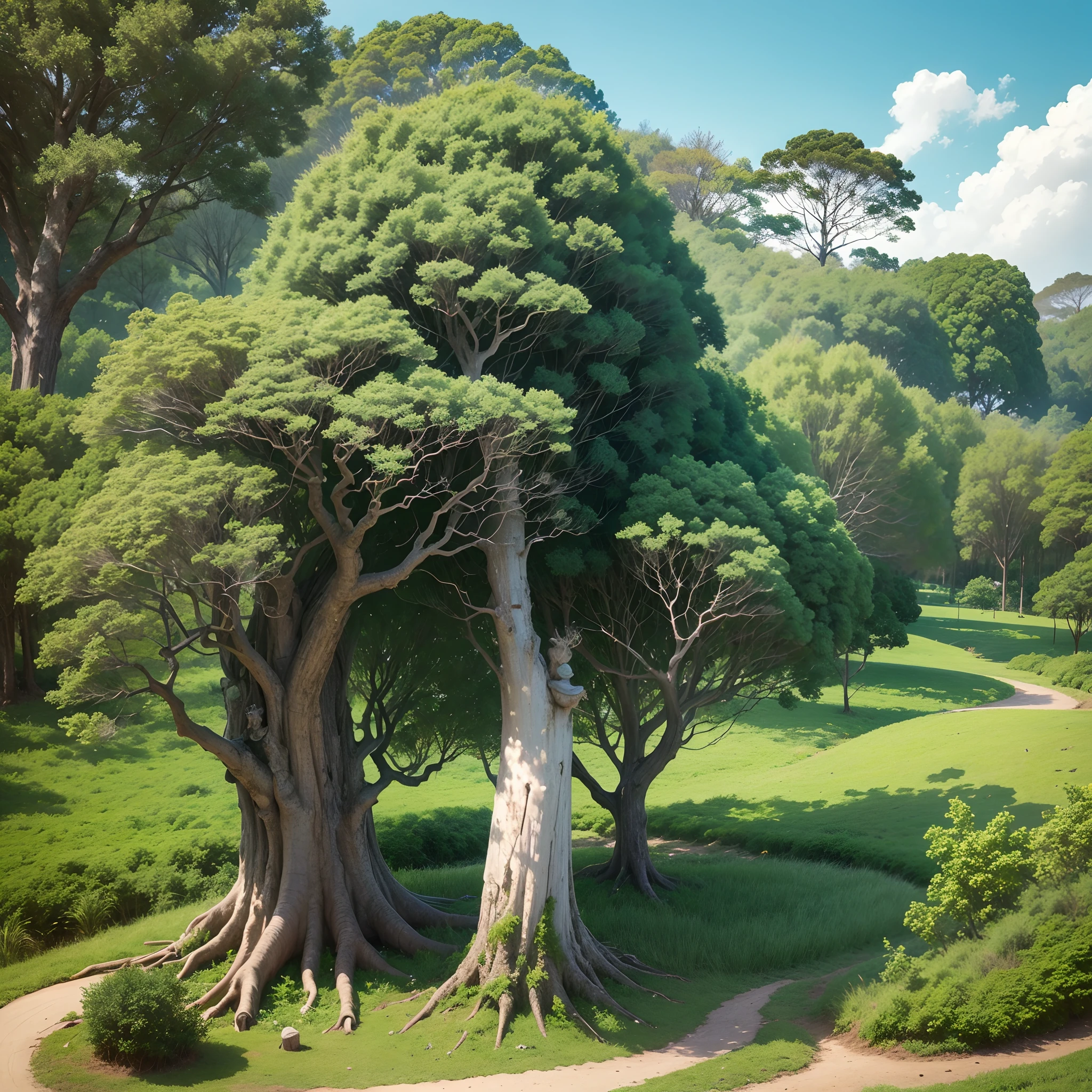 um gramado com uma unica arvore verde e grande com as folhas caidas com um lado do lado direito --auto --s2