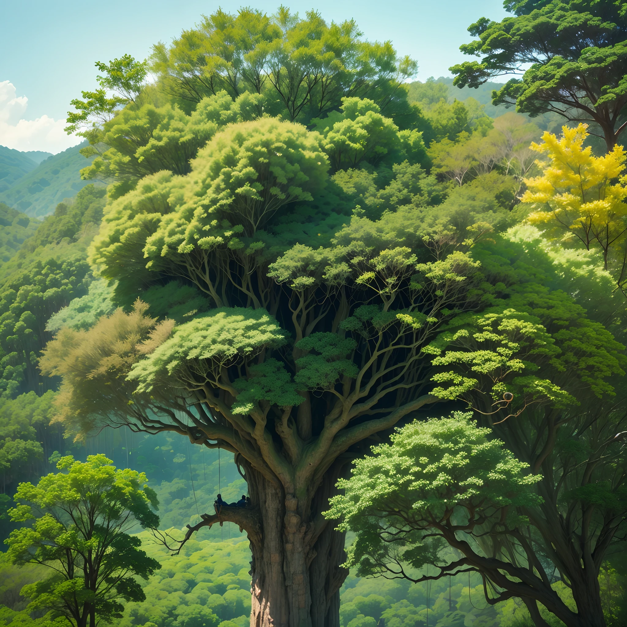 um gramado com uma unica arvore verde e grande com as folhas caidas com um lado do lado direito --auto --s2