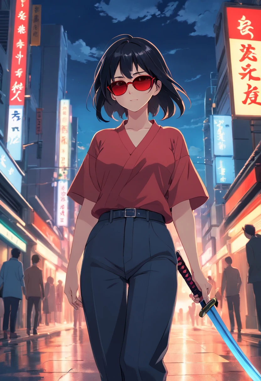 masterpiece, best quality, movie still, 1girl, cloud girl, long black hair, red sunglasses, bussiness outfit, long black pants, looking behind with a sassy grin, reddish light, night, in the city, carrying a katana on her shoulder