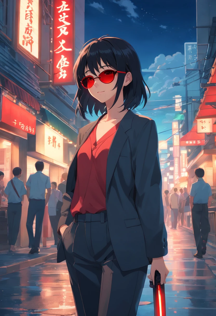 masterpiece, best quality, movie still, 1girl, cloud girl, long black hair, red sunglasses, bussiness outfit, long black pants, looking behind with a sassy grin, reddish light, night, in the city, carrying a katana on her shoulder