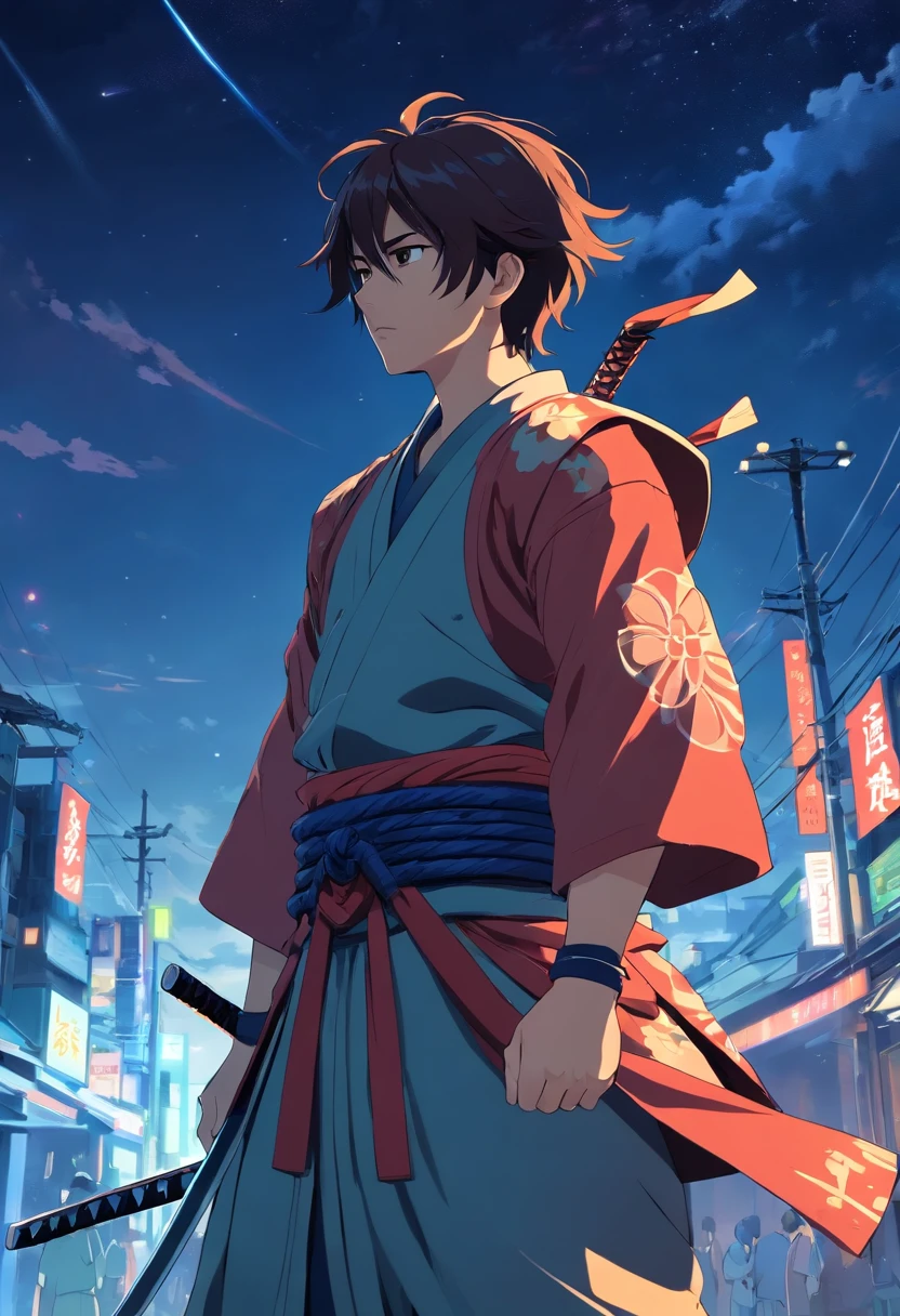 Make a samurai alone fighting his whole life and looking depressed in cool armor looking up at the midnight sky