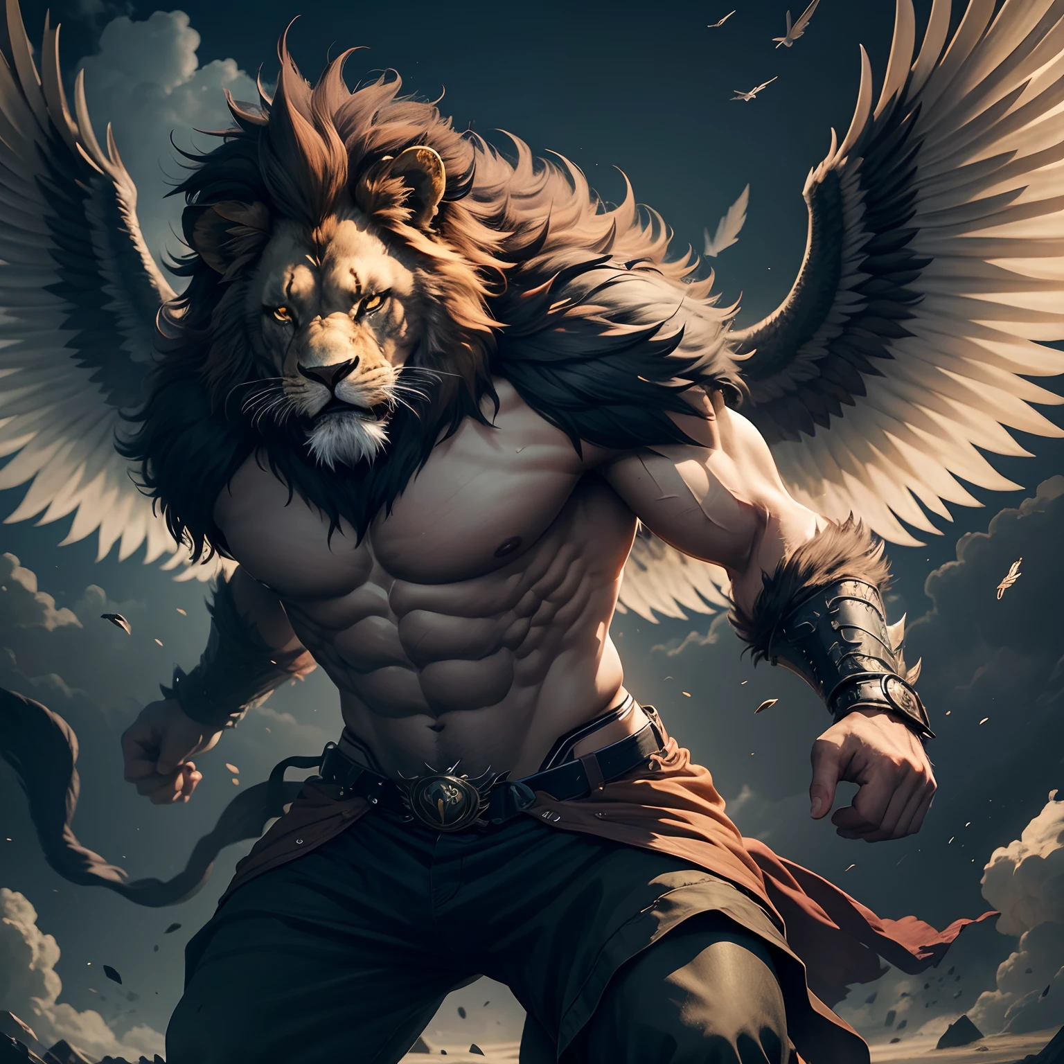 hybrid lion man with wings looking furious and angry, hyper realistic lion face