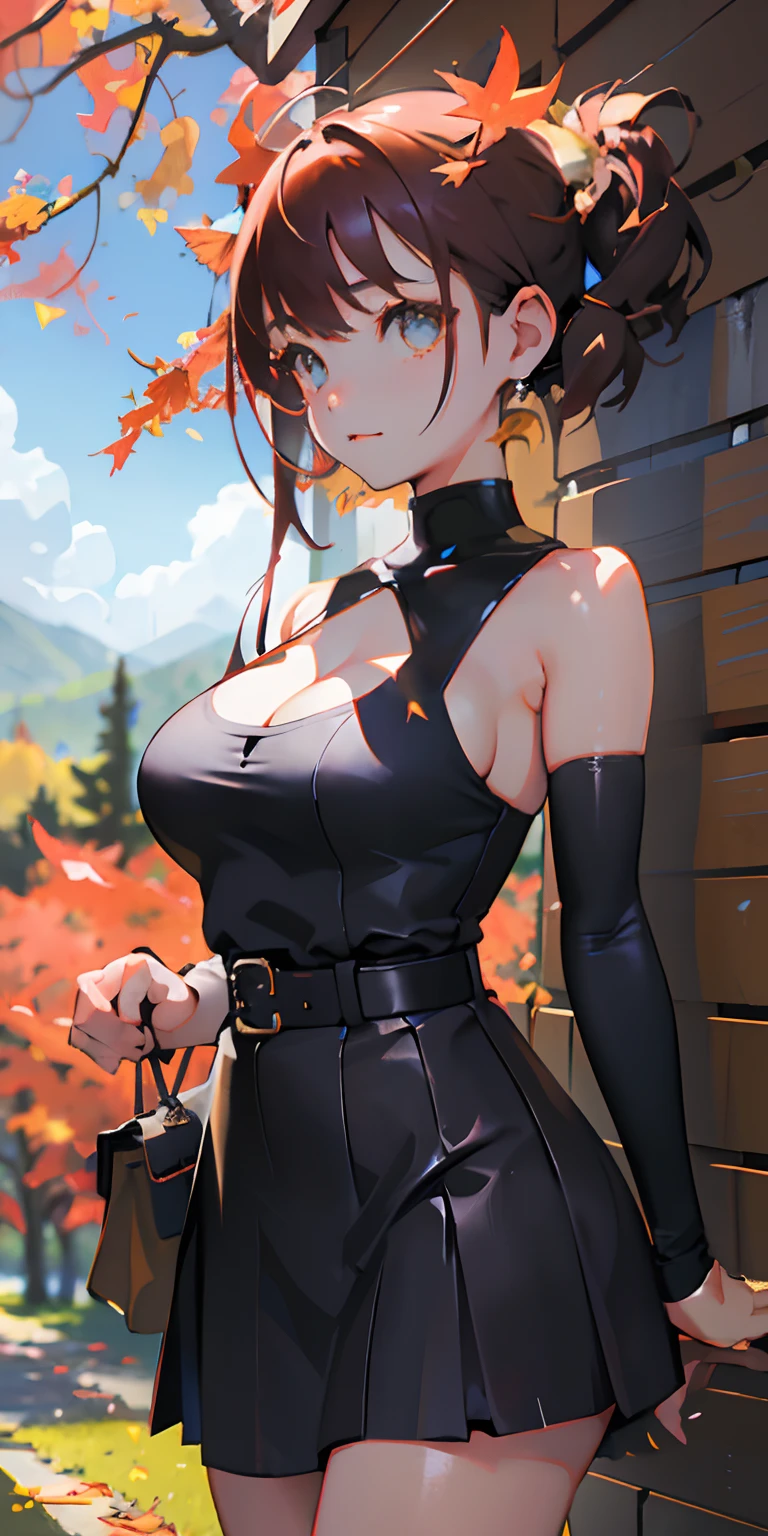 realisticlying、girl with、Outdoor Fashion、Autumn leaves Autumn leaves、Beautiful ginkgo tree、Big breasts with an emphasis on cleavage、Sexy Posing、Nature views
