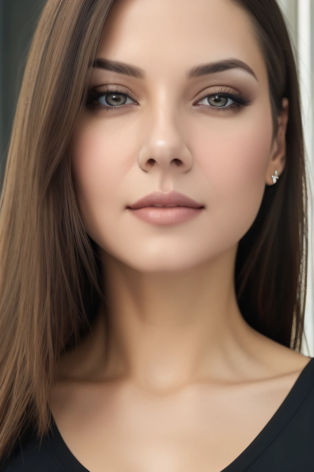 photoRealstic, hyper realisitic, reallistic, Smooth lighting, Improved cinematic lighting quality, 32K, 1人の女性, 25-years old, straight haired, Realistic lighting, Back lighting, Facial Lights, Ray tracing, Quality Improvement, Realistic textured skin of the highest quality, fine detailed eyes, A detailed face, Fine quality eye, Close-up from chest up, small breasts of good shape, tshirts, enhance the atmosphere of body line, Increase the beauty of skin texture