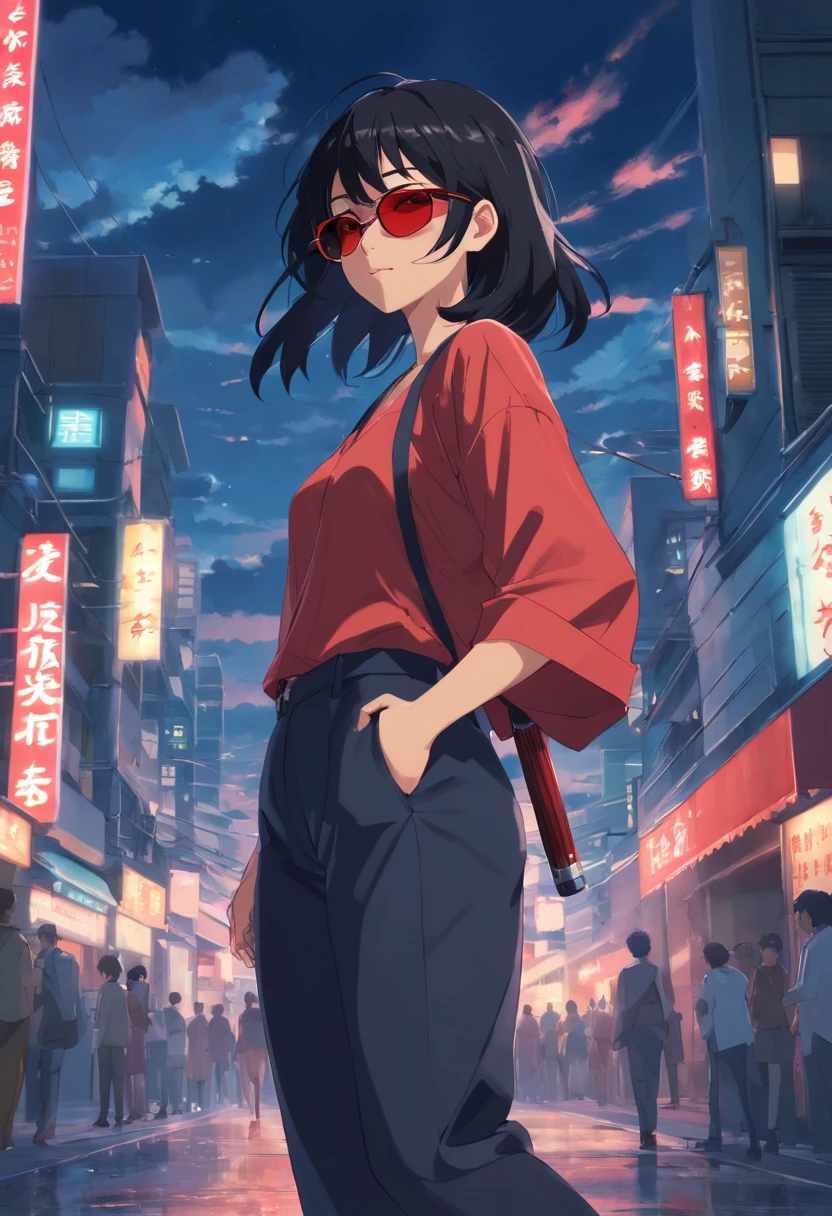 masterpiece, best quality, movie still, 1girl, cloud girl, long black hair, red sunglasses, bussiness outfit, long black pants, looking behind with a sassy grin, reddish light, night, in the city, carrying a katana on her shoulder