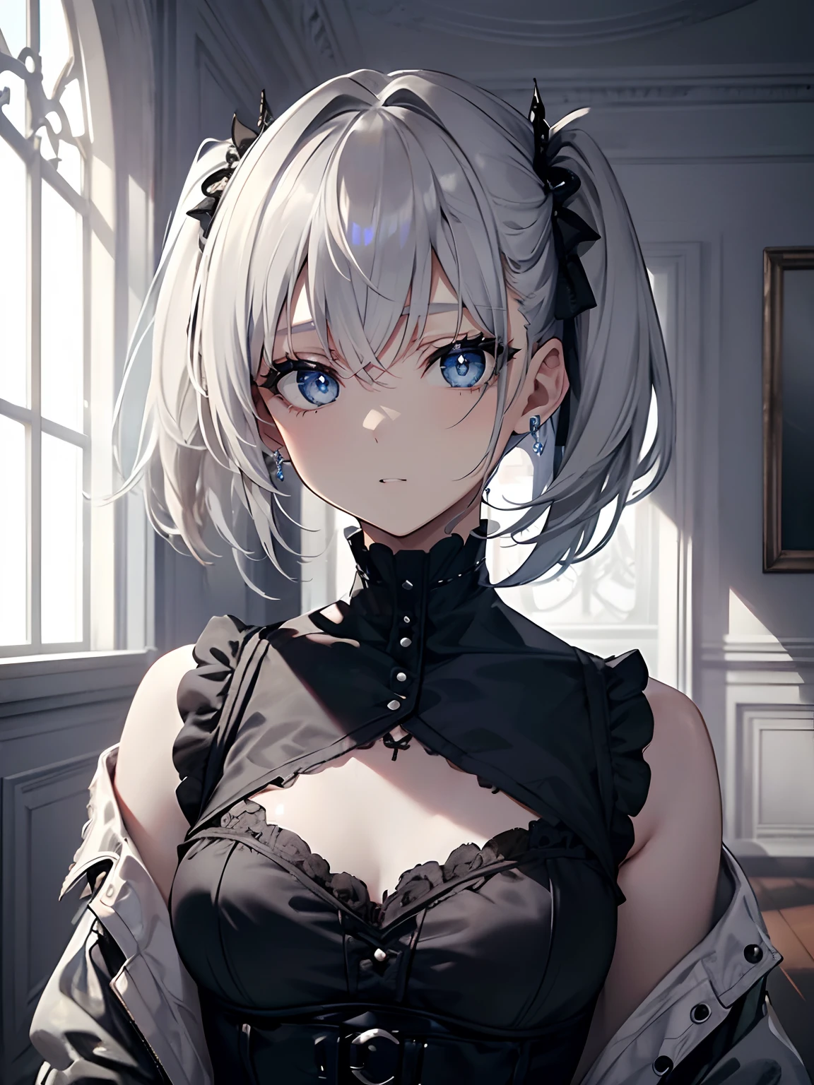(masterpiece,best quality,ultra-detailed),1girl,white and silver and grey hair,short hair,short twintails,(messy hairstyle),gothic punk fashion, beautiful and detailed face, detailed eyes,(grey theme),looking at viewer,top,jacket,small chest,in a room,looking at viewer