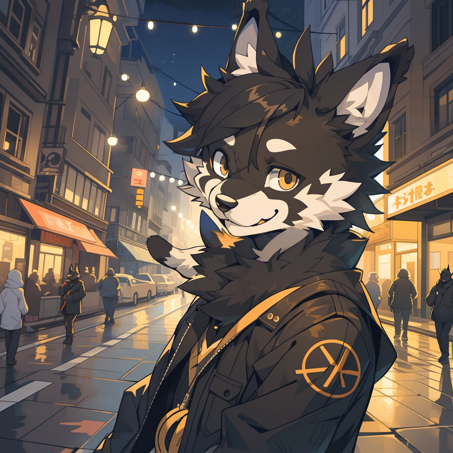 top-quality，best qualityer，rzminjourney，vectorial art，High quality illustrationtiz，tmasterpiece）（komono，furry anthro），round form，Bust，the street，(Boy black humanoid dog:1.2), Smiling warmly，Flashing friendly peace signs，Super detailed illustration，solo person，Dark night，Dark streets